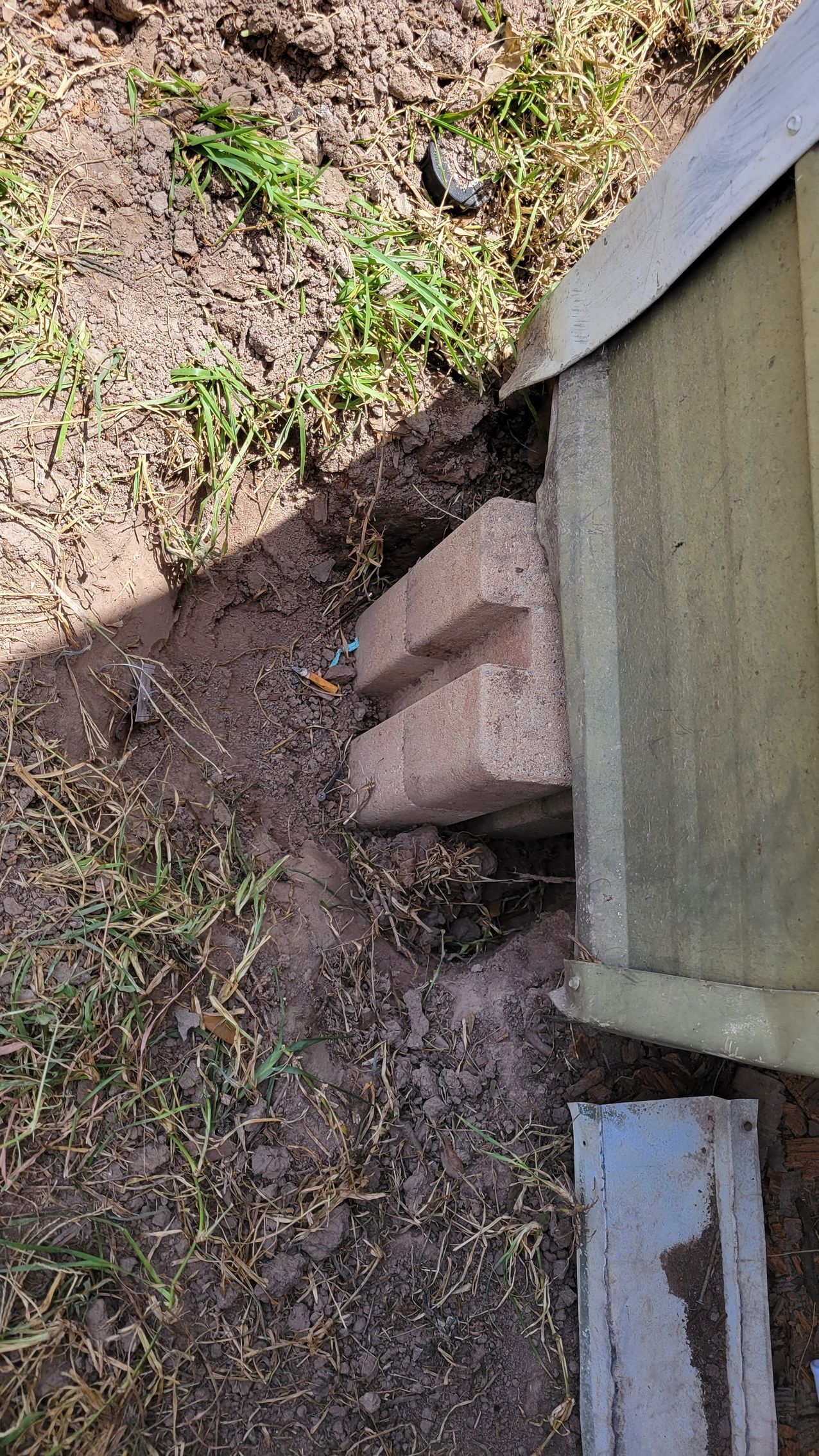 Brown, concrete stepping stones next to a tan, corrugated plastic structure on grass and dirt.