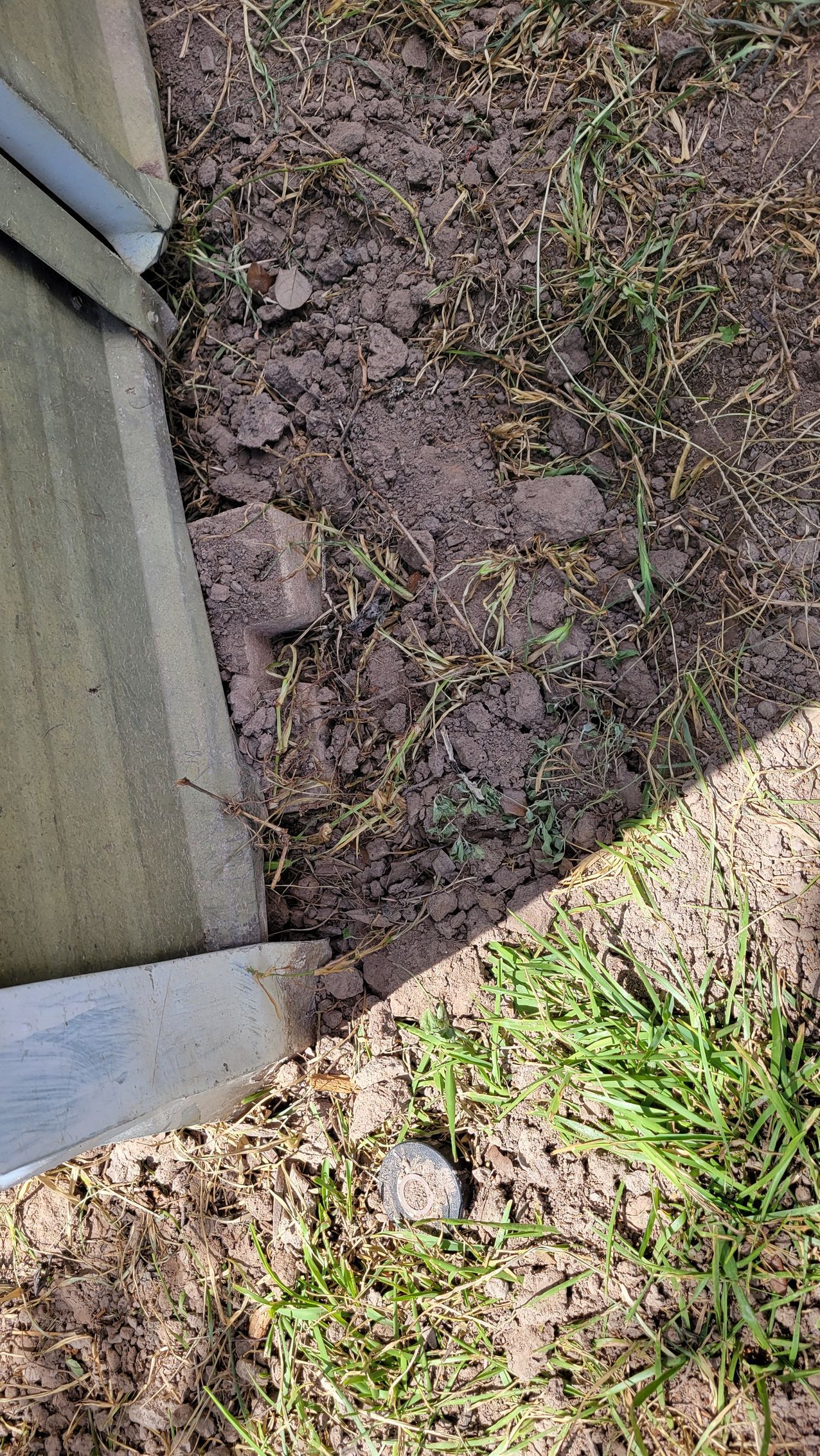 Brown soil with sparse grass next to a concrete structure.