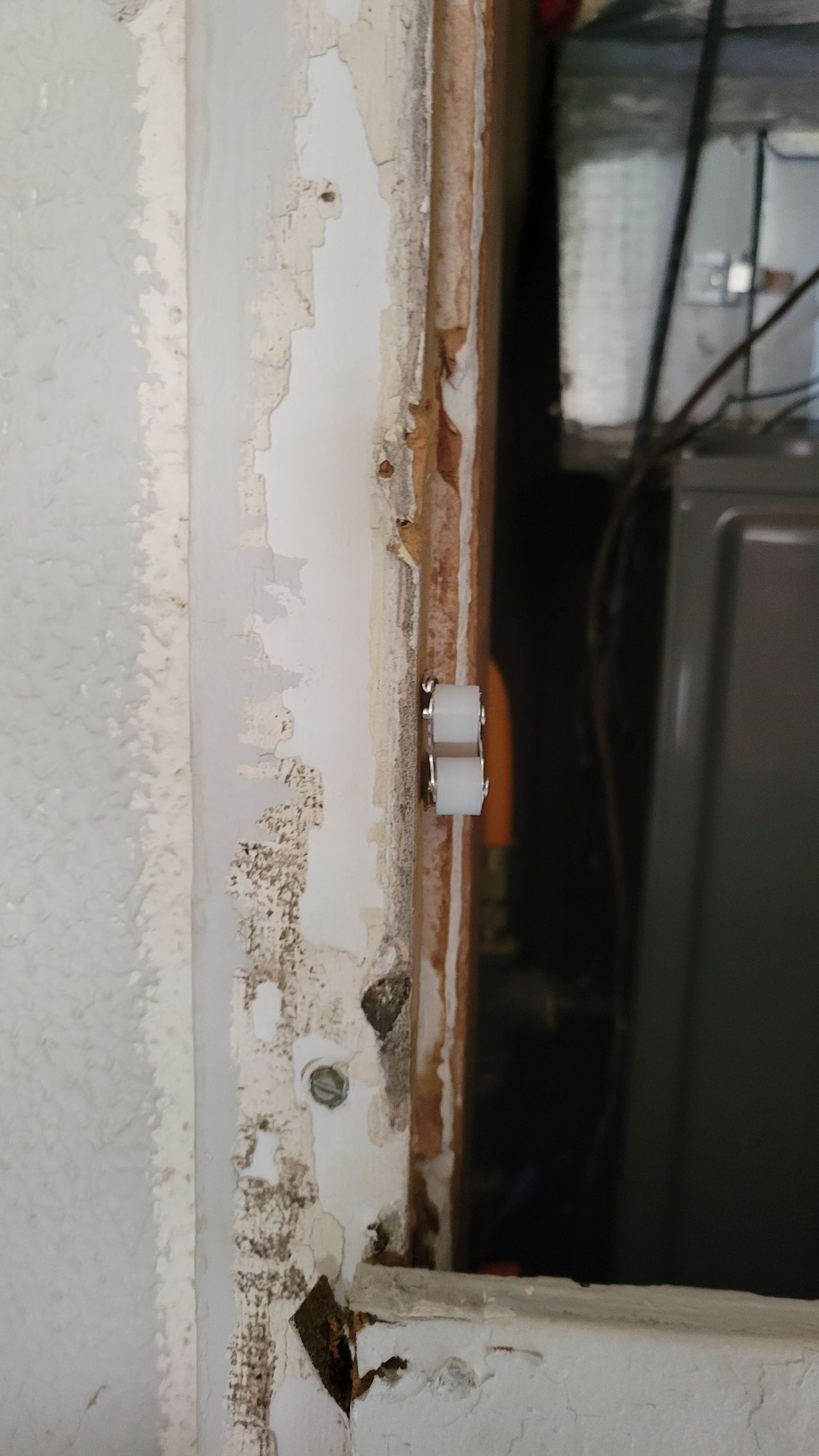 Moldy door frame with white clips and peeling paint. Dark space behind the door.