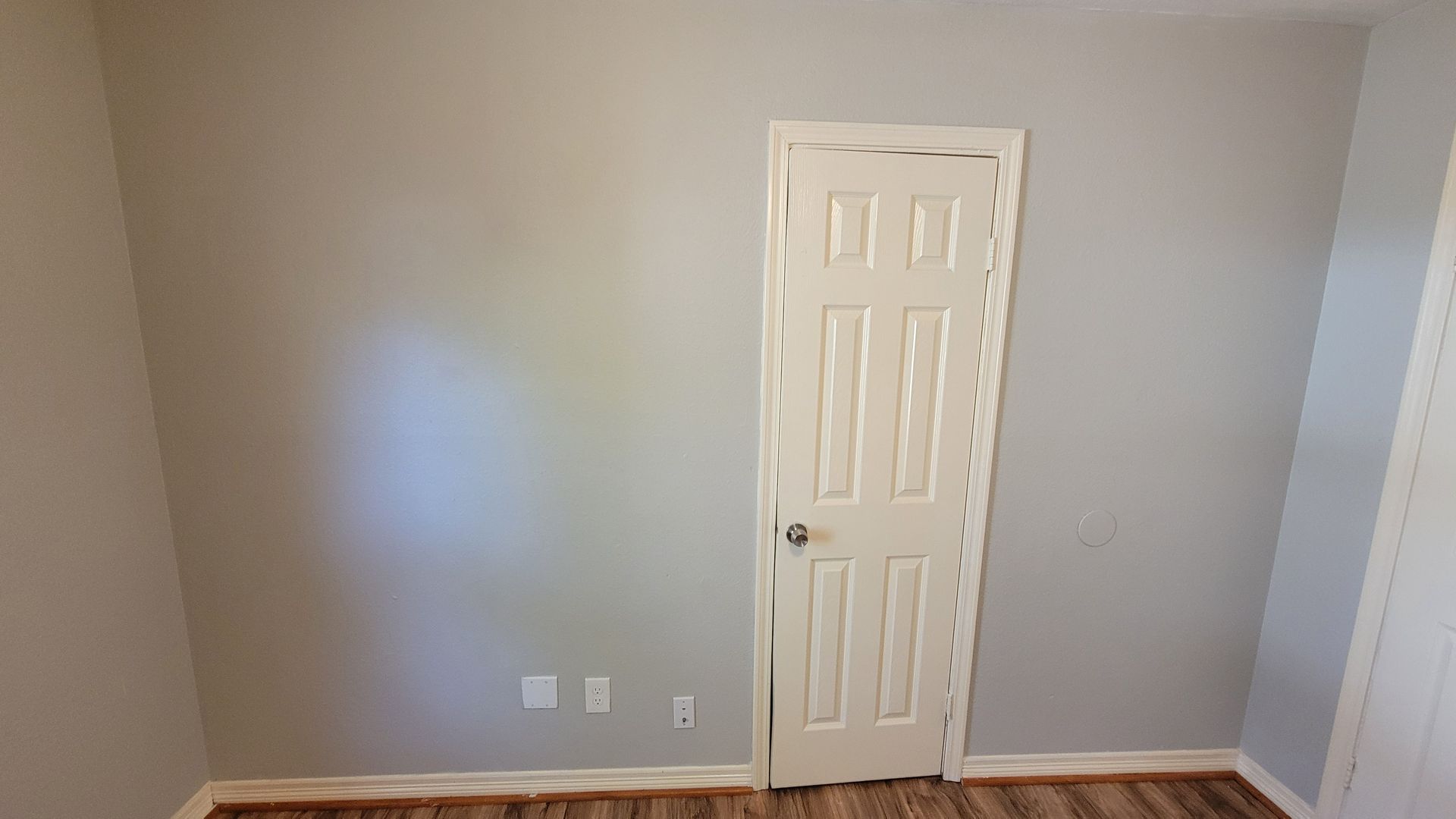 Empty room with a white door, light gray walls, and wood-look flooring. Two electrical outlets are visible.