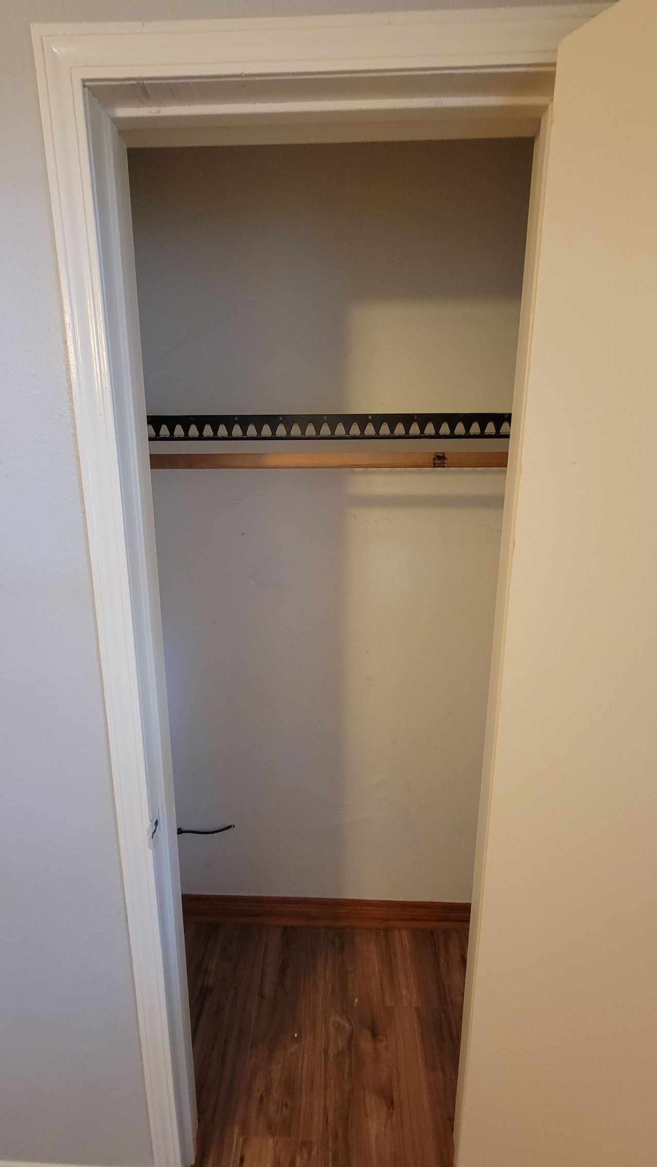 Empty closet with wooden shelf and rod, brown flooring. White walls and door frame.