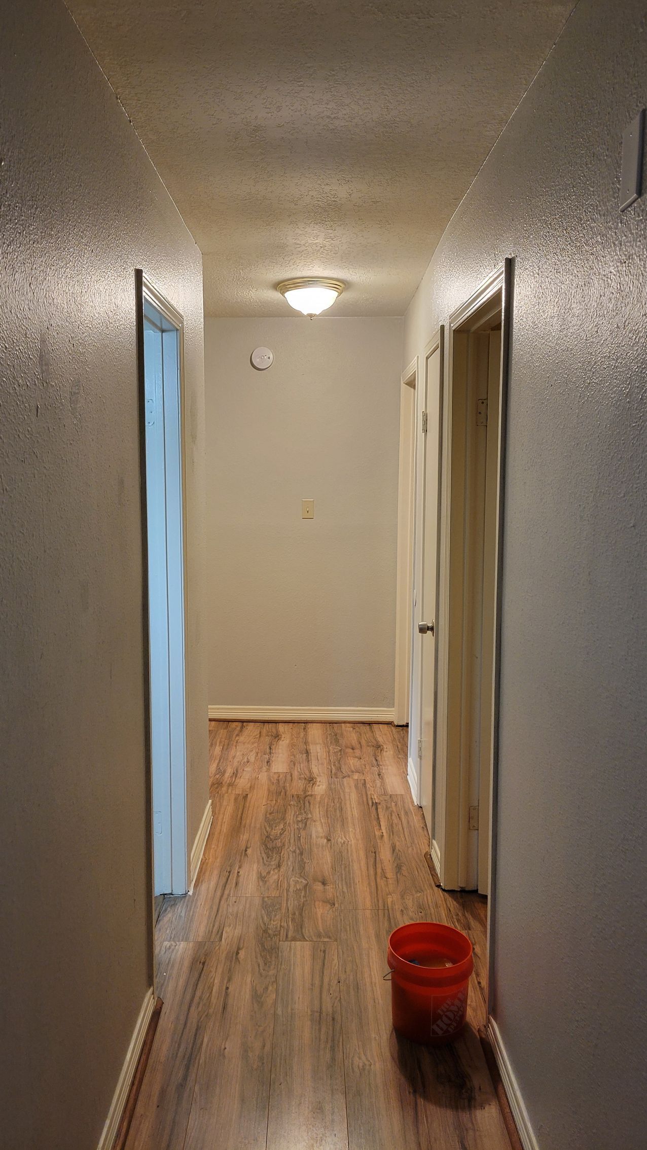 Narrow hallway with wood-look flooring, doors on each side, a ceiling light, and a red bucket.