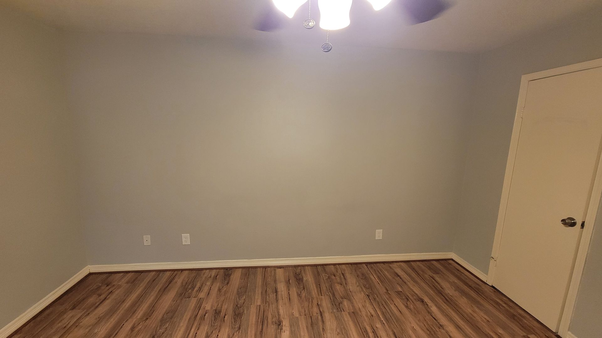 Empty bedroom with gray walls, wood-look flooring, and a white door. A ceiling fan is visible.