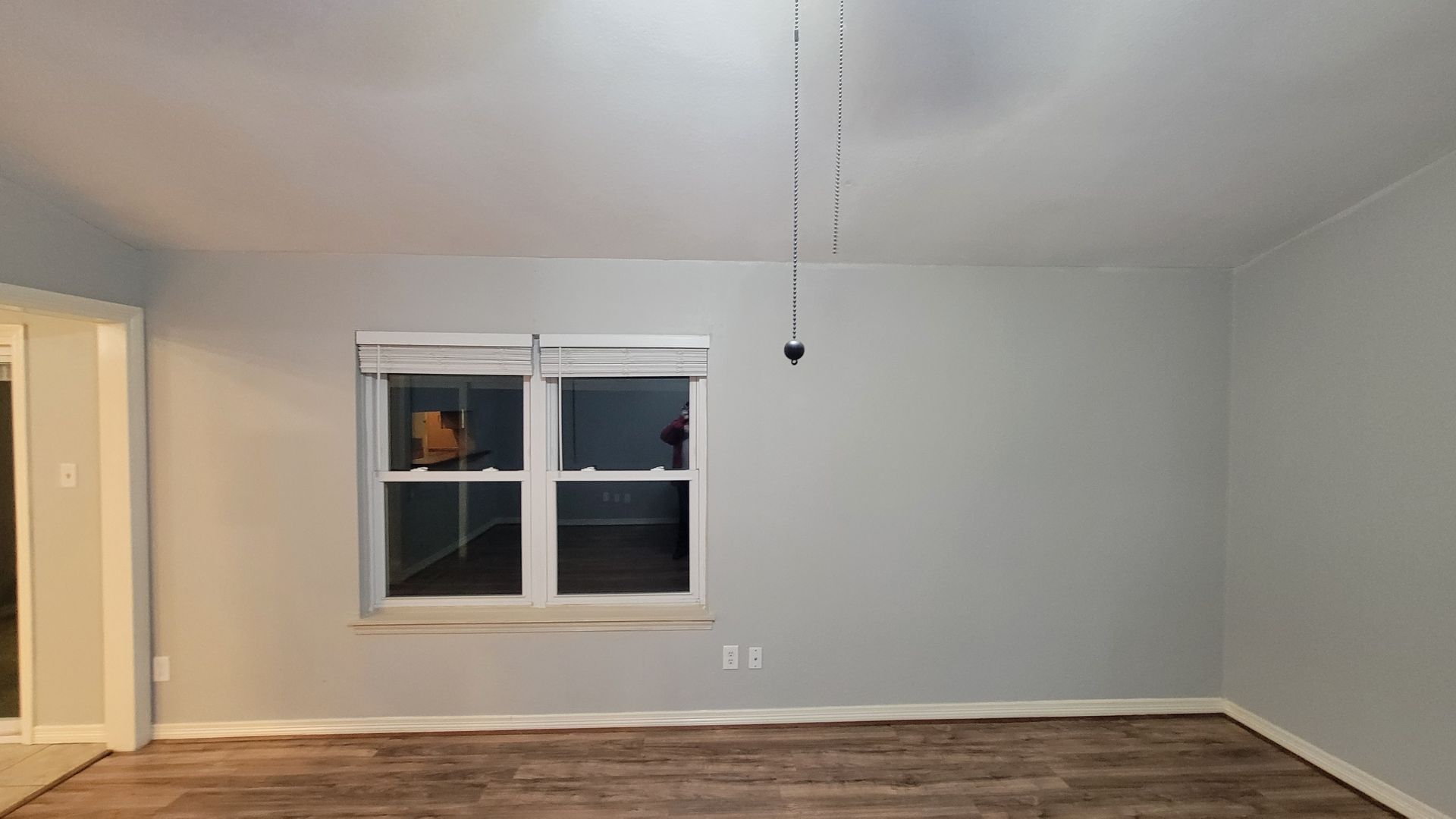 Empty room with gray walls, a window, and wood-look flooring. A light fixture hangs from the ceiling.