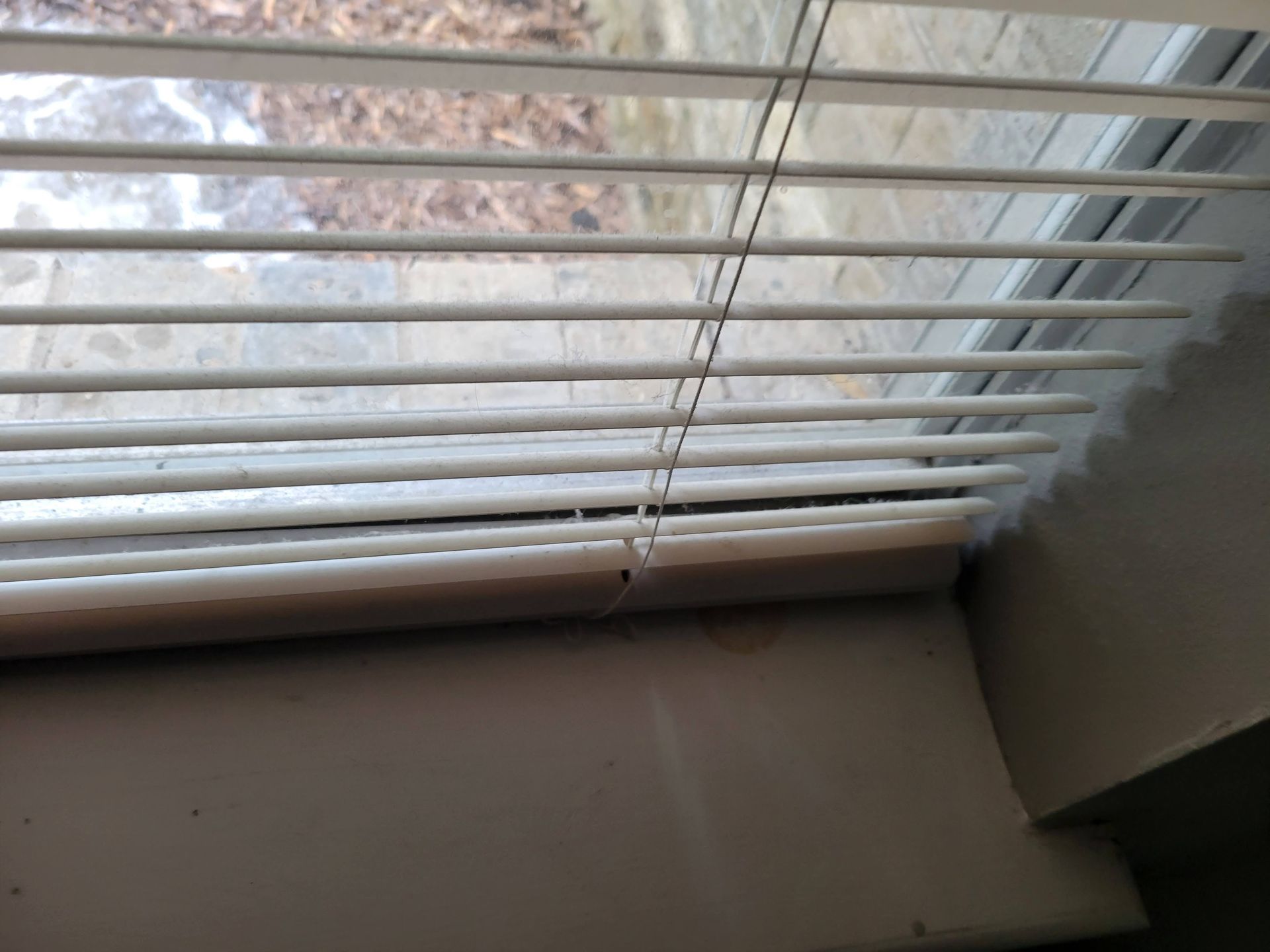 White window blinds partially cover a window. The blinds are above a beige windowsill.