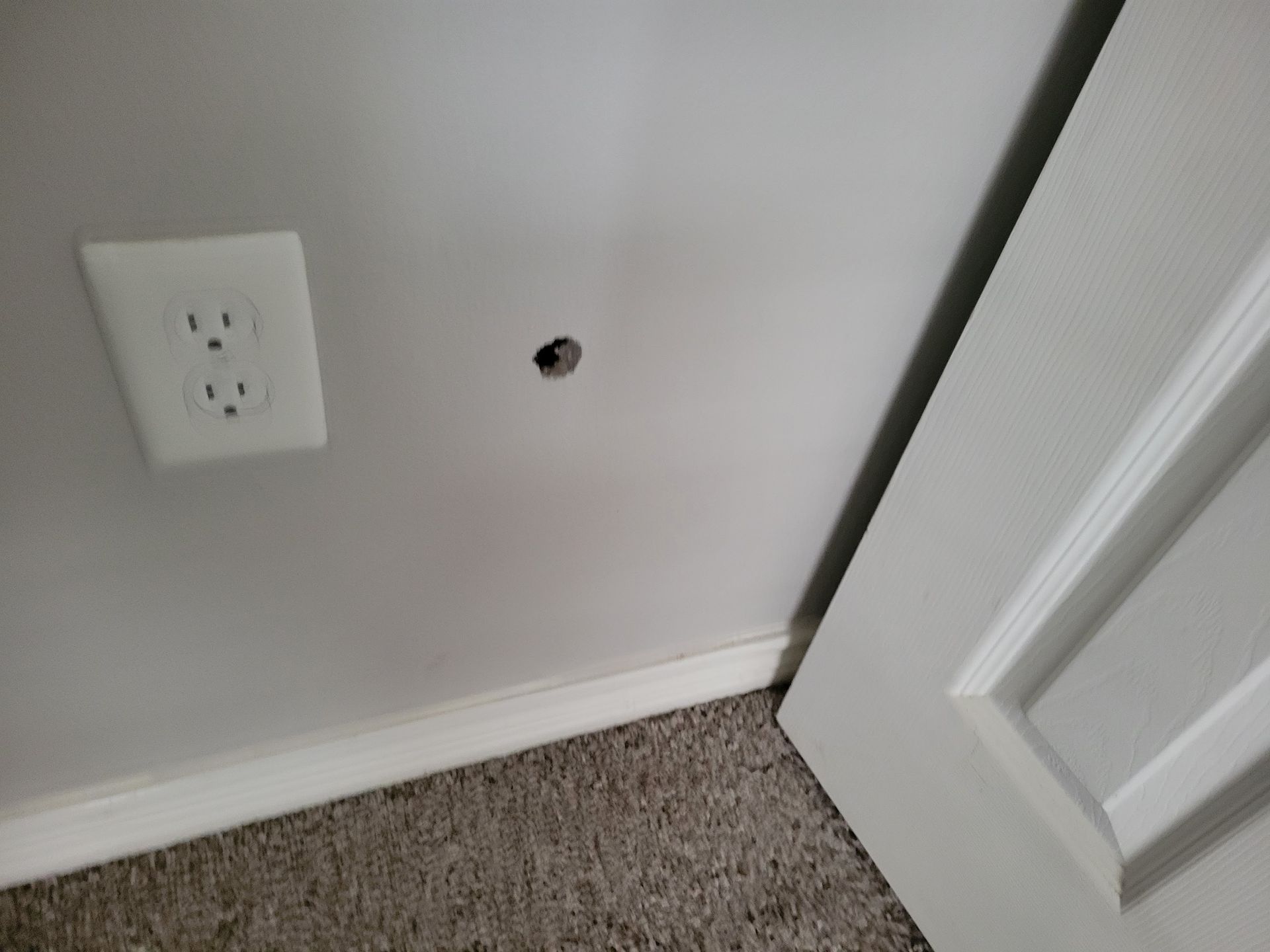 Wall with hole, electrical outlet, and partially visible white door.