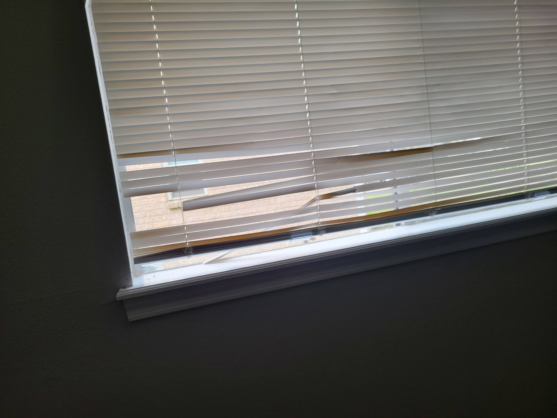 Damaged white window blinds, partially obscuring the view.