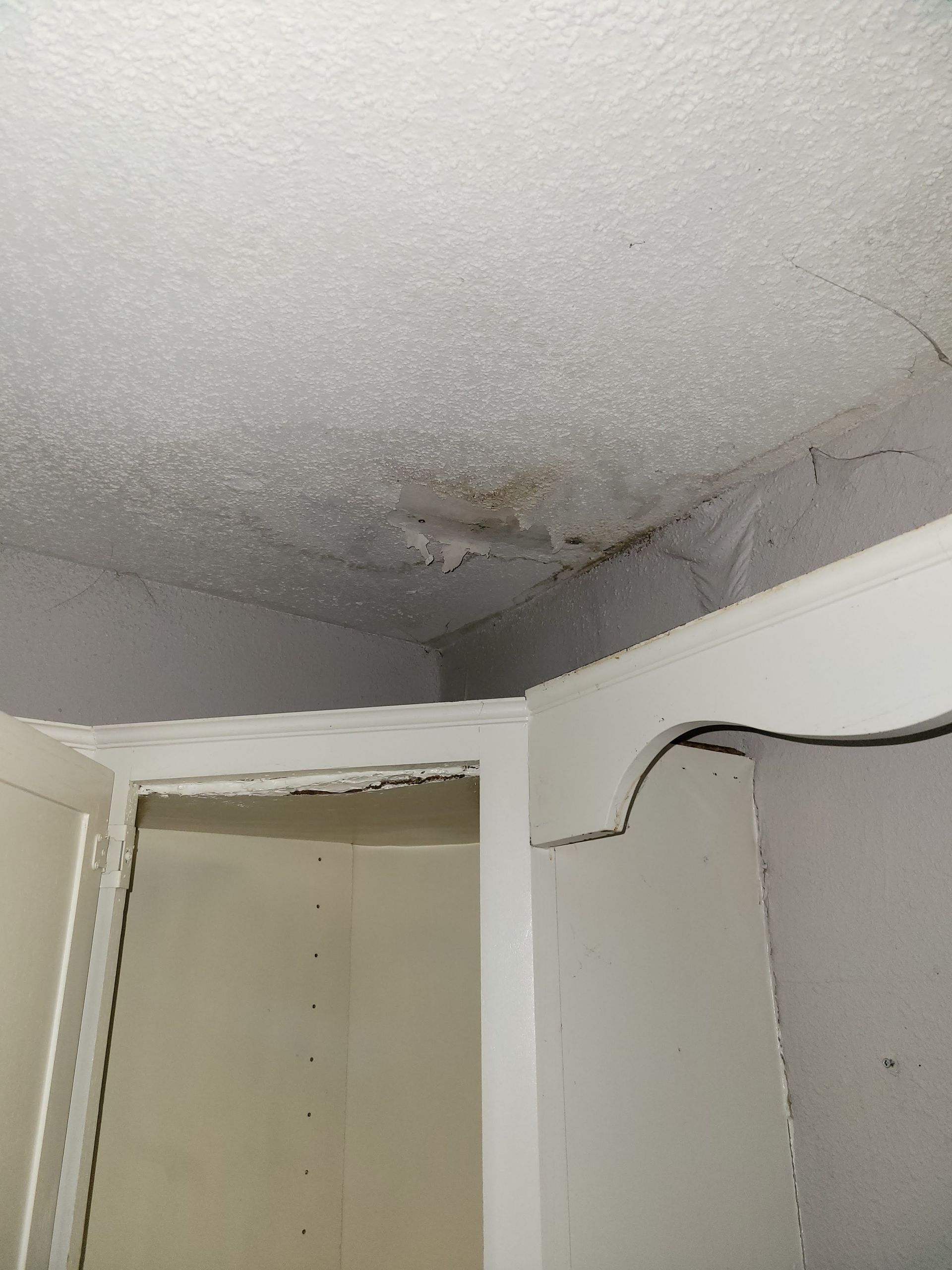 White ceiling with water damage near a white cabinet.