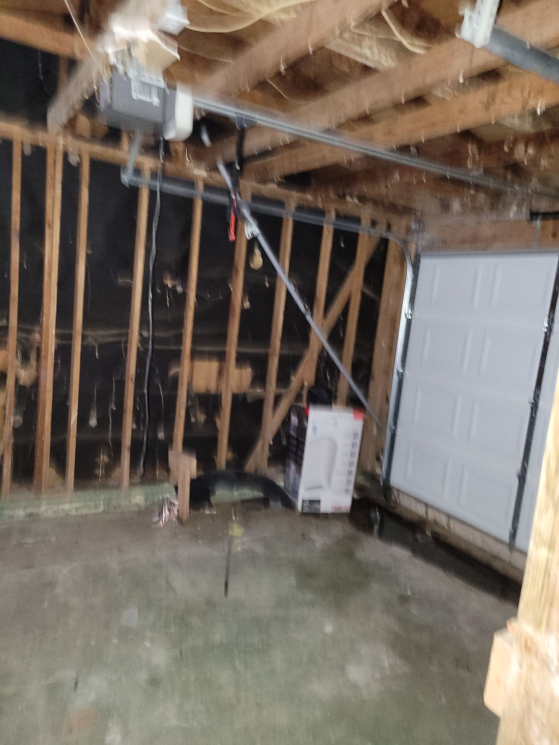 Garage interior with exposed framing, garage door, and a white appliance box. Walls show dark staining.