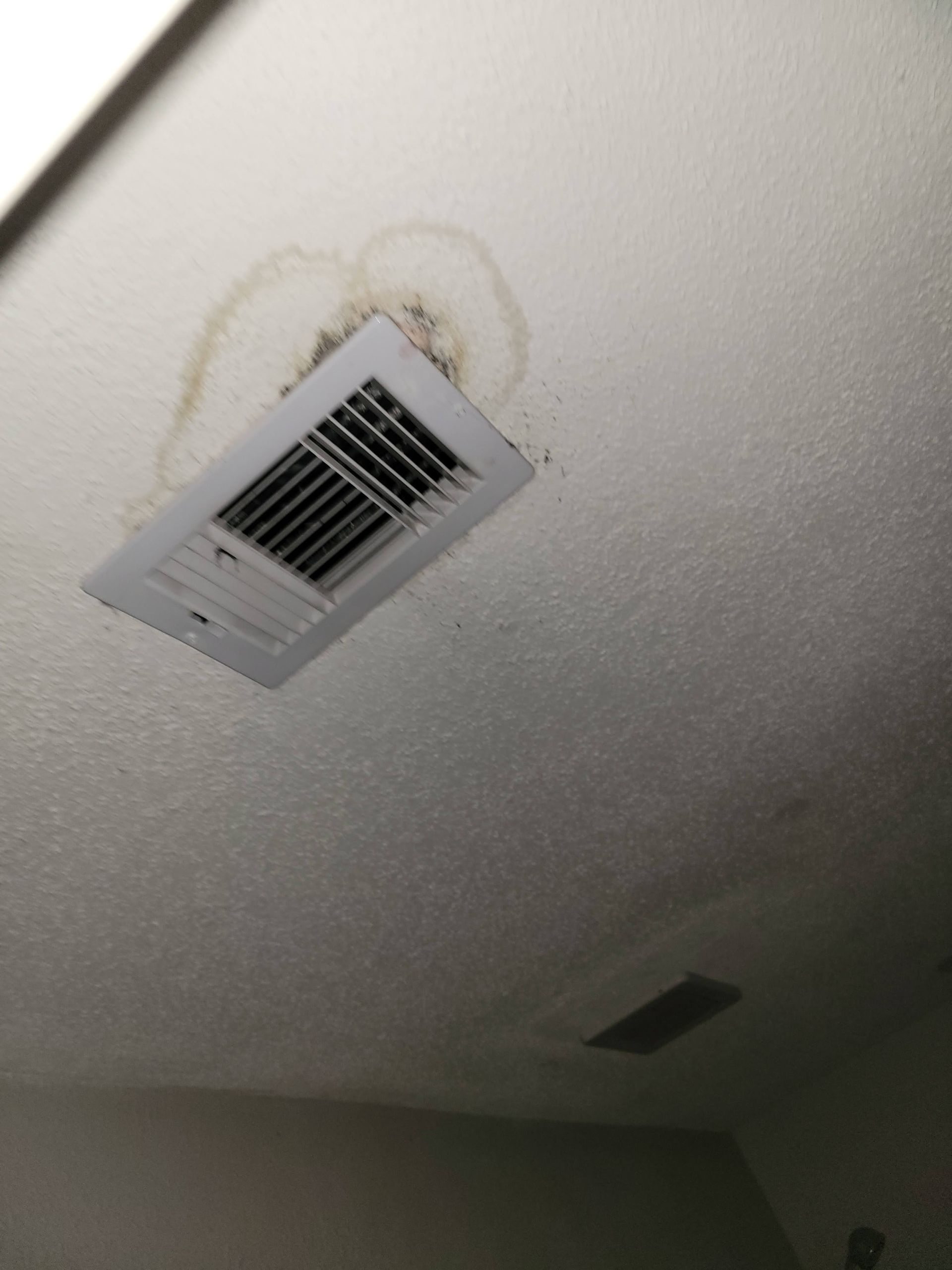 White ceiling with a rectangular air vent and brown water stain around it.