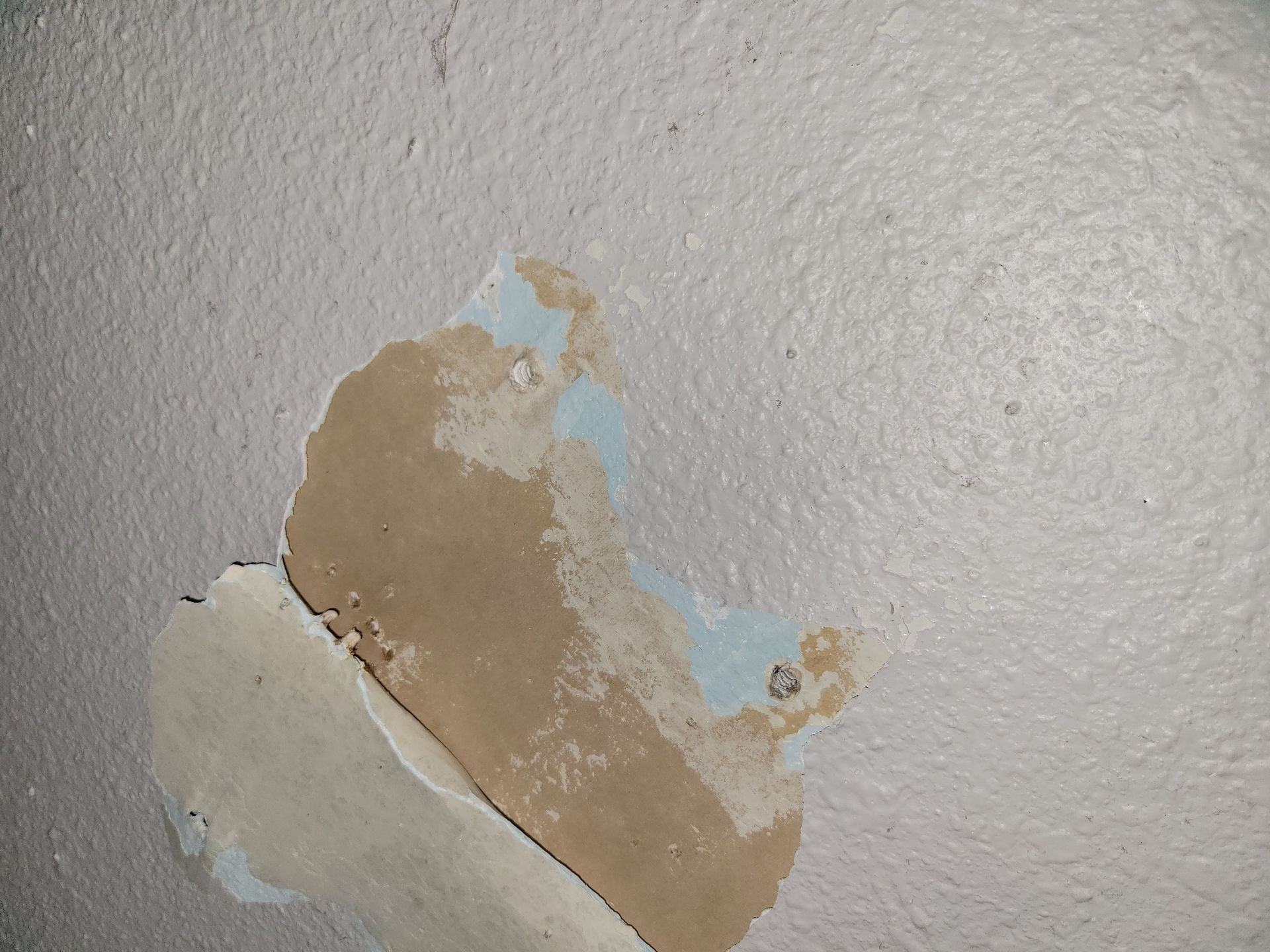 Damaged wall with peeling light-colored paint, revealing brown and blue layers beneath.