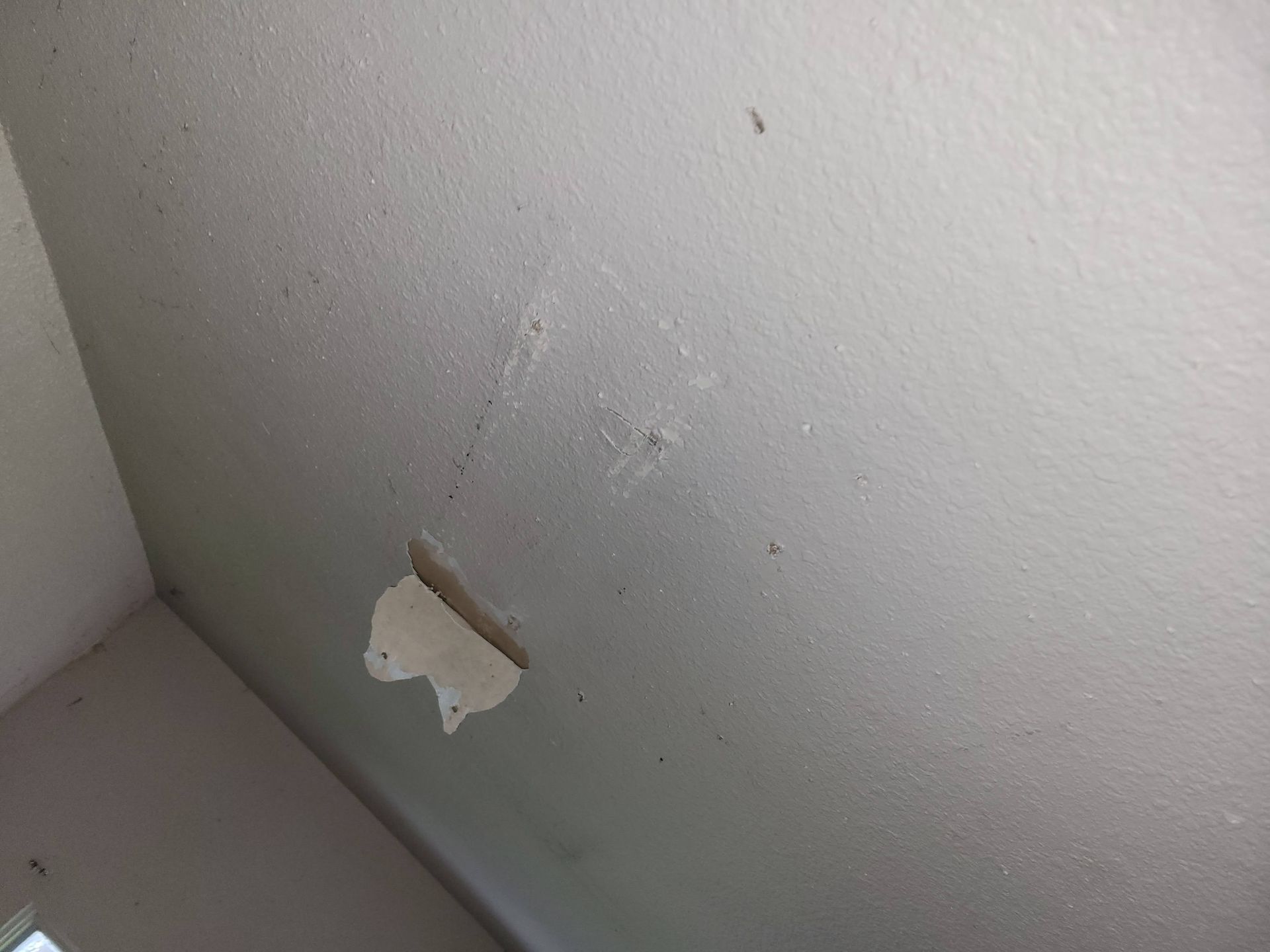 White ceiling with paint peeling and damaged area.