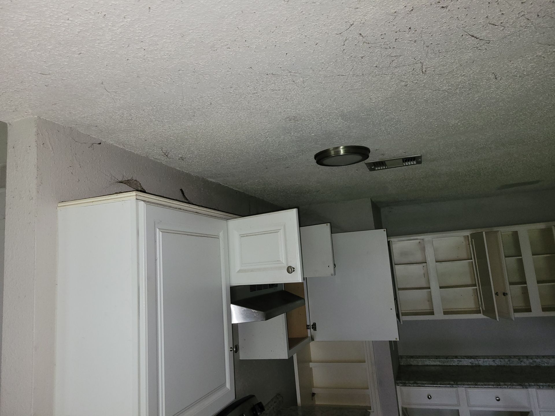 Kitchen with white cabinets, some open, exposed ceiling, and a range hood.