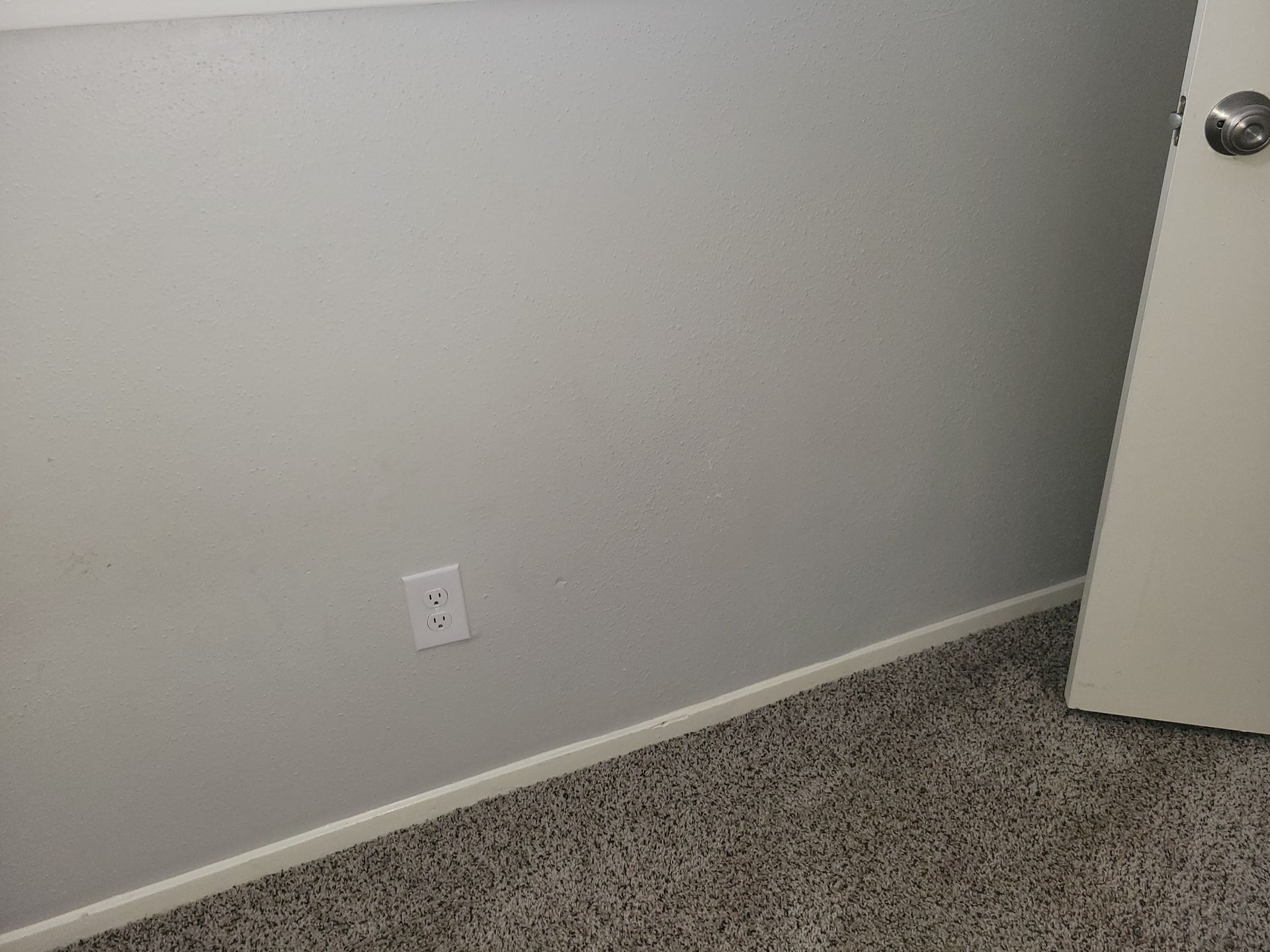 Gray wall with an electrical outlet, door, and carpeted floor.