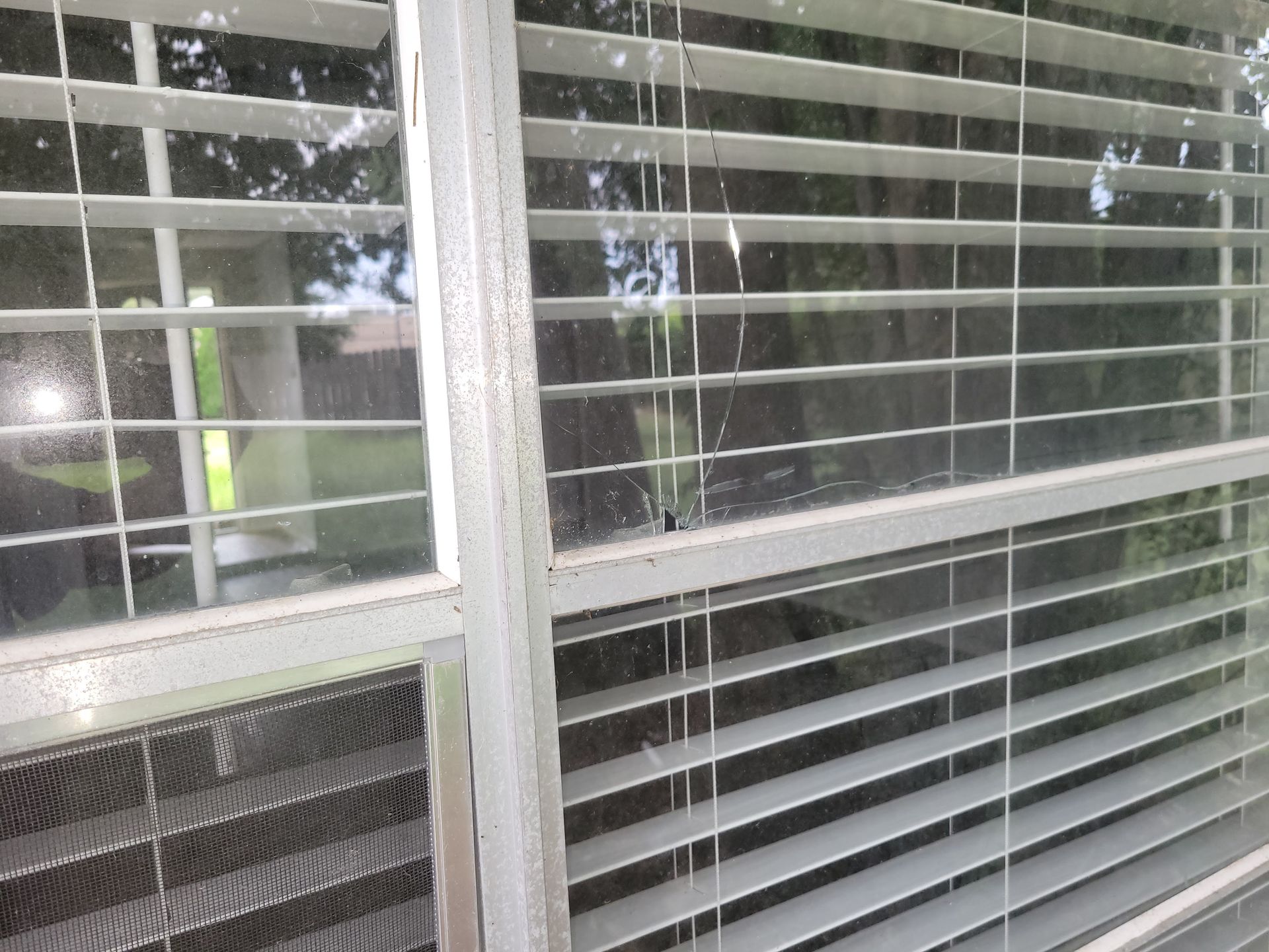 White-framed window with blinds, showing a view of trees and a house outdoors.
