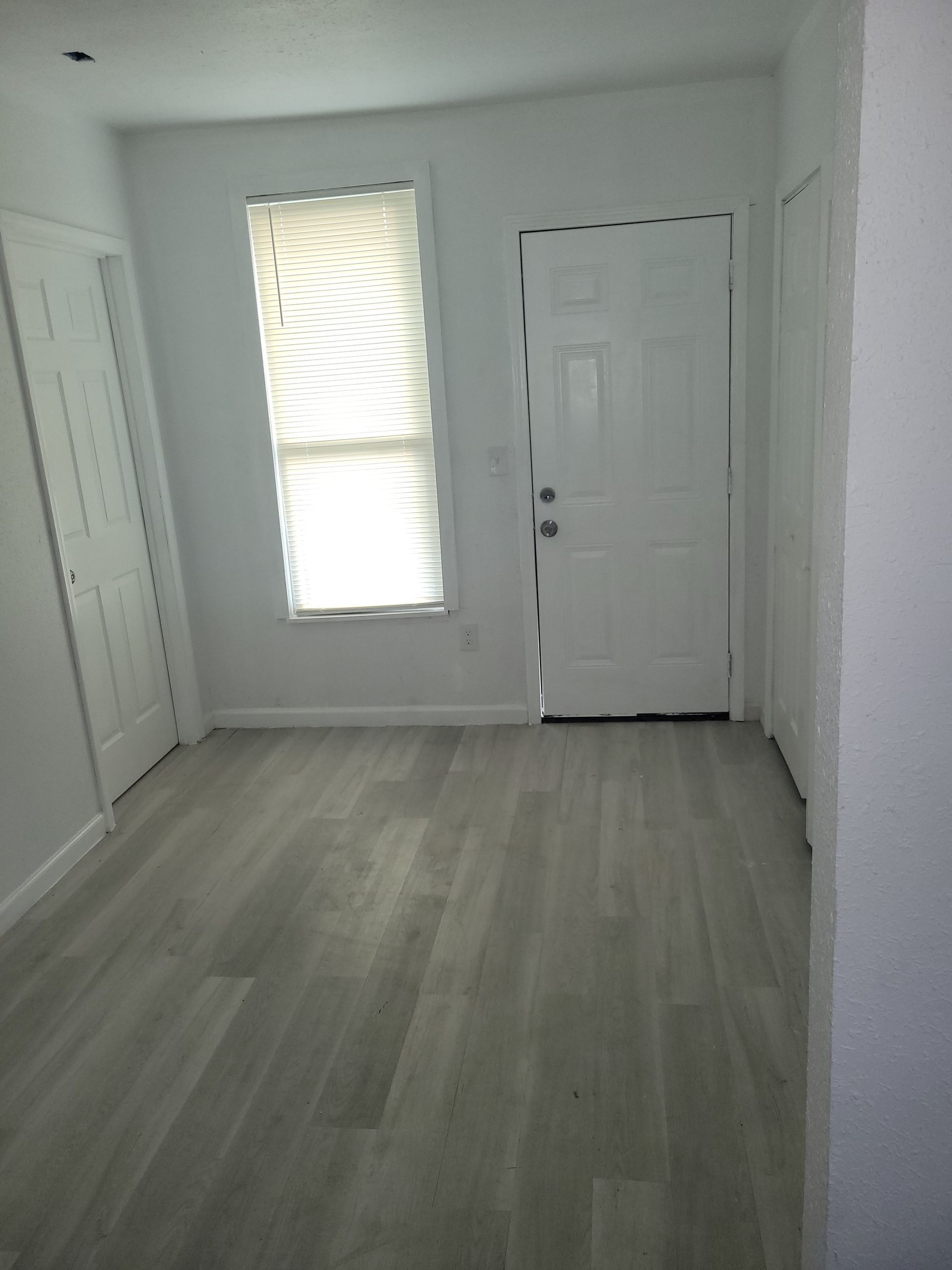 Interior room with gray wood-look flooring, white walls, door, window with blinds, and two white doors.