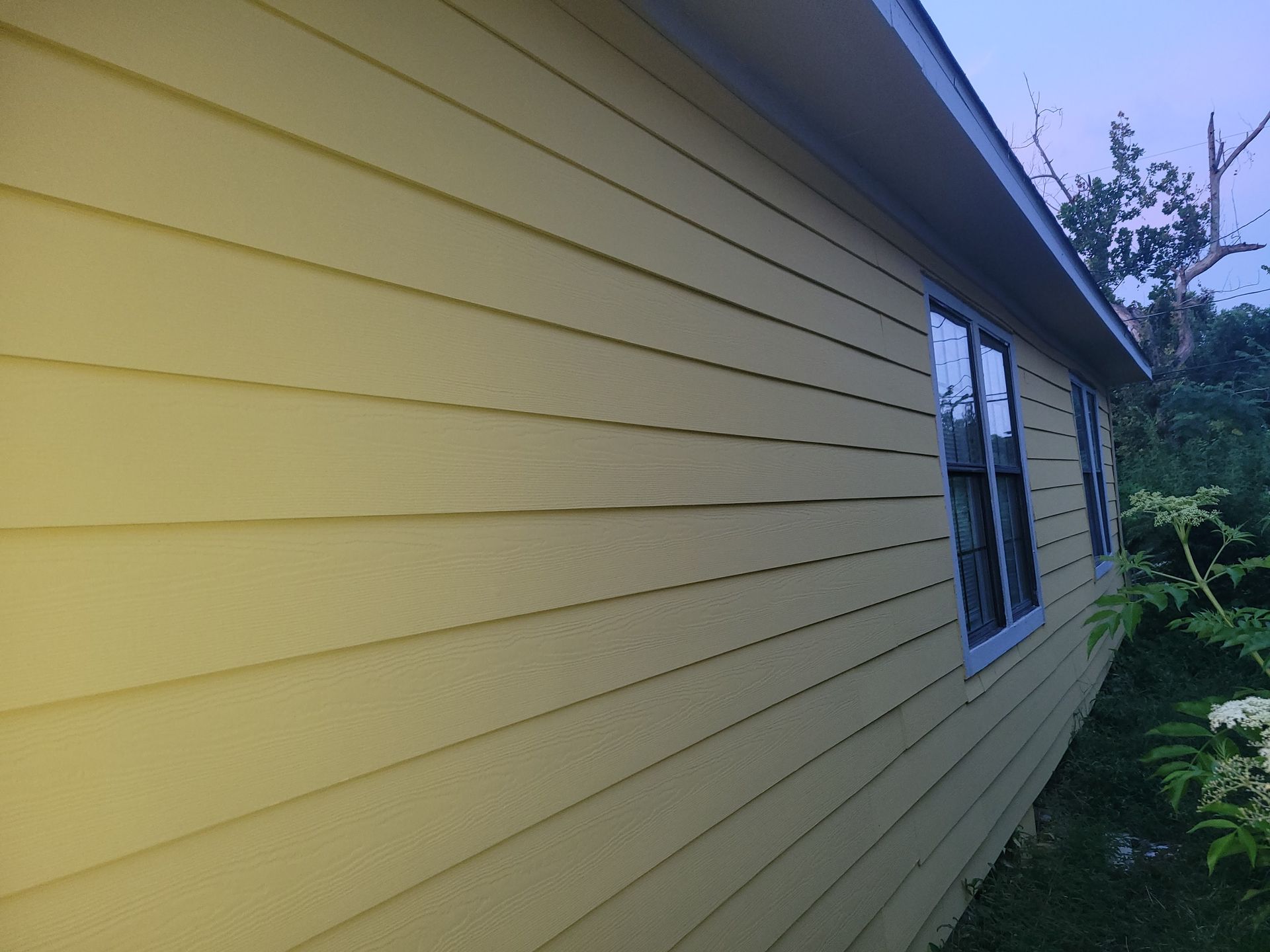 Yellow house with horizontal siding and windows, blue trim.