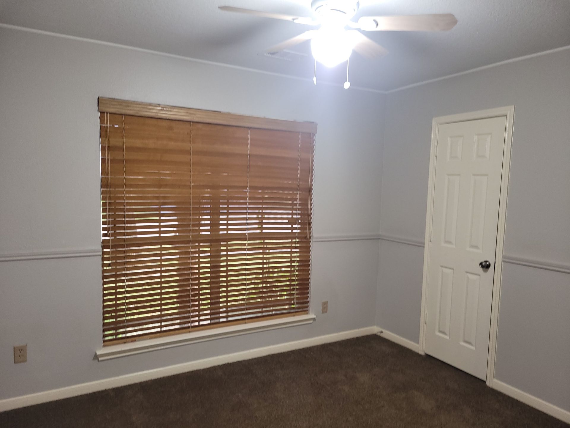 Empty bedroom with a window, blinds, door, ceiling fan, and gray walls. Brown carpet.