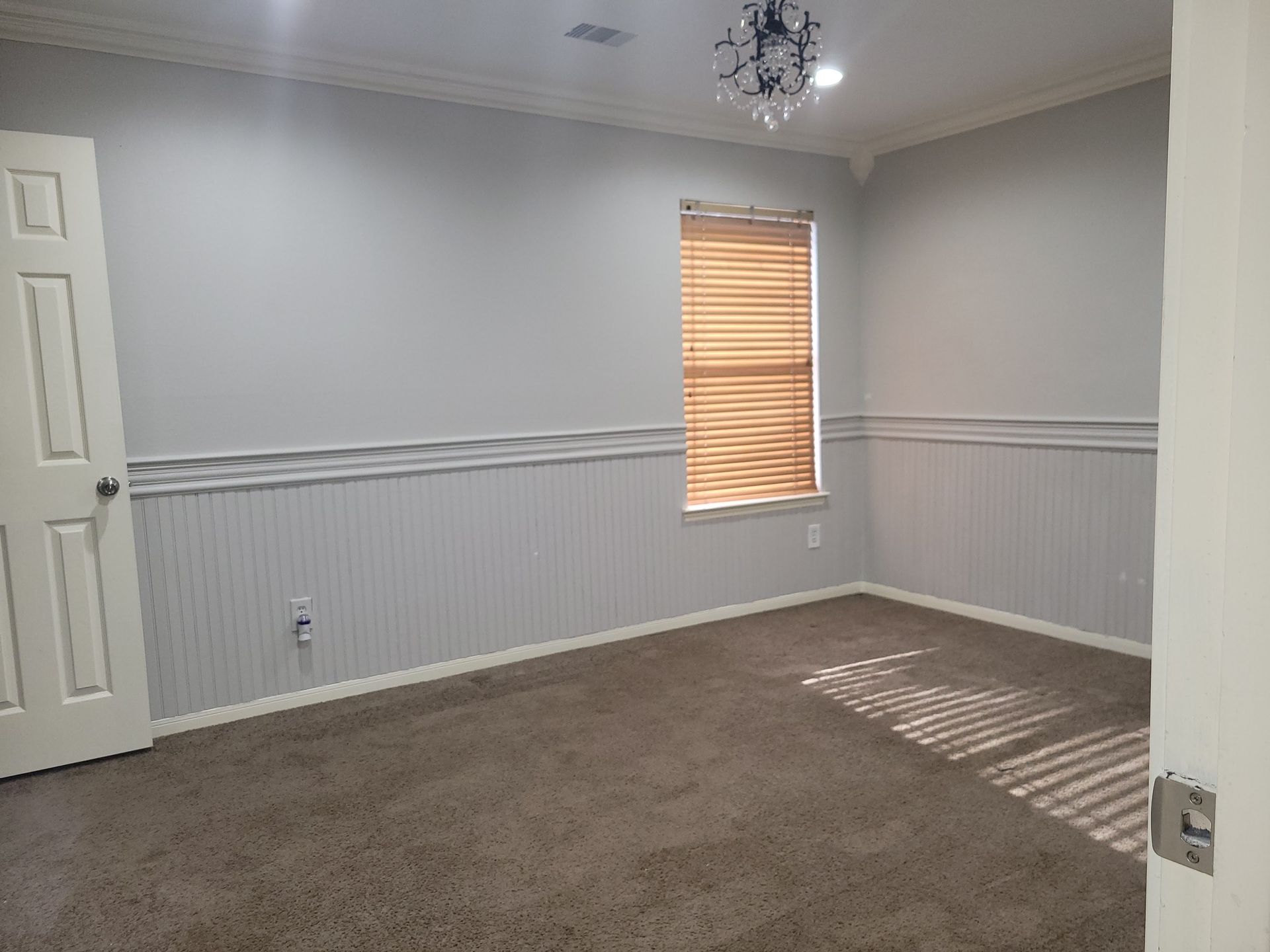 Empty room with gray walls, wood paneling, brown carpet, and a closed door. Light streams through a window.