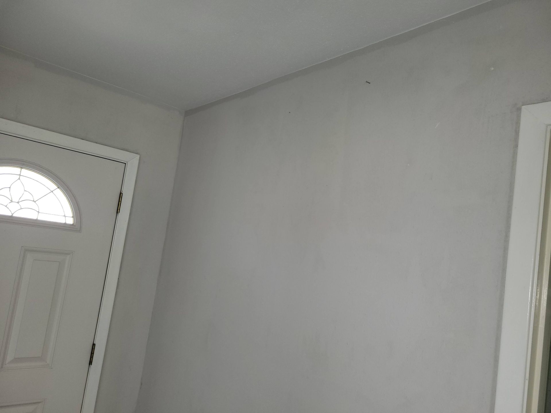 Interior corner with white door and gray walls.