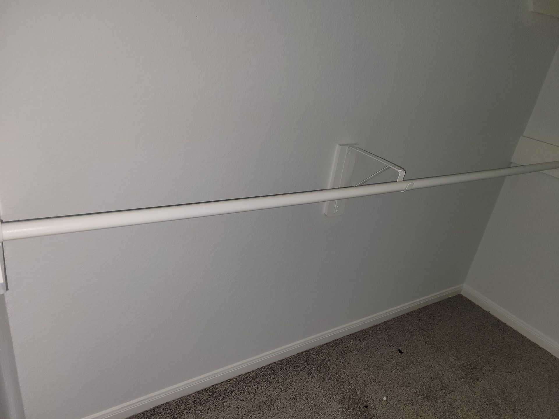 Empty closet with white walls, carpeted floor, and a hanging rod.