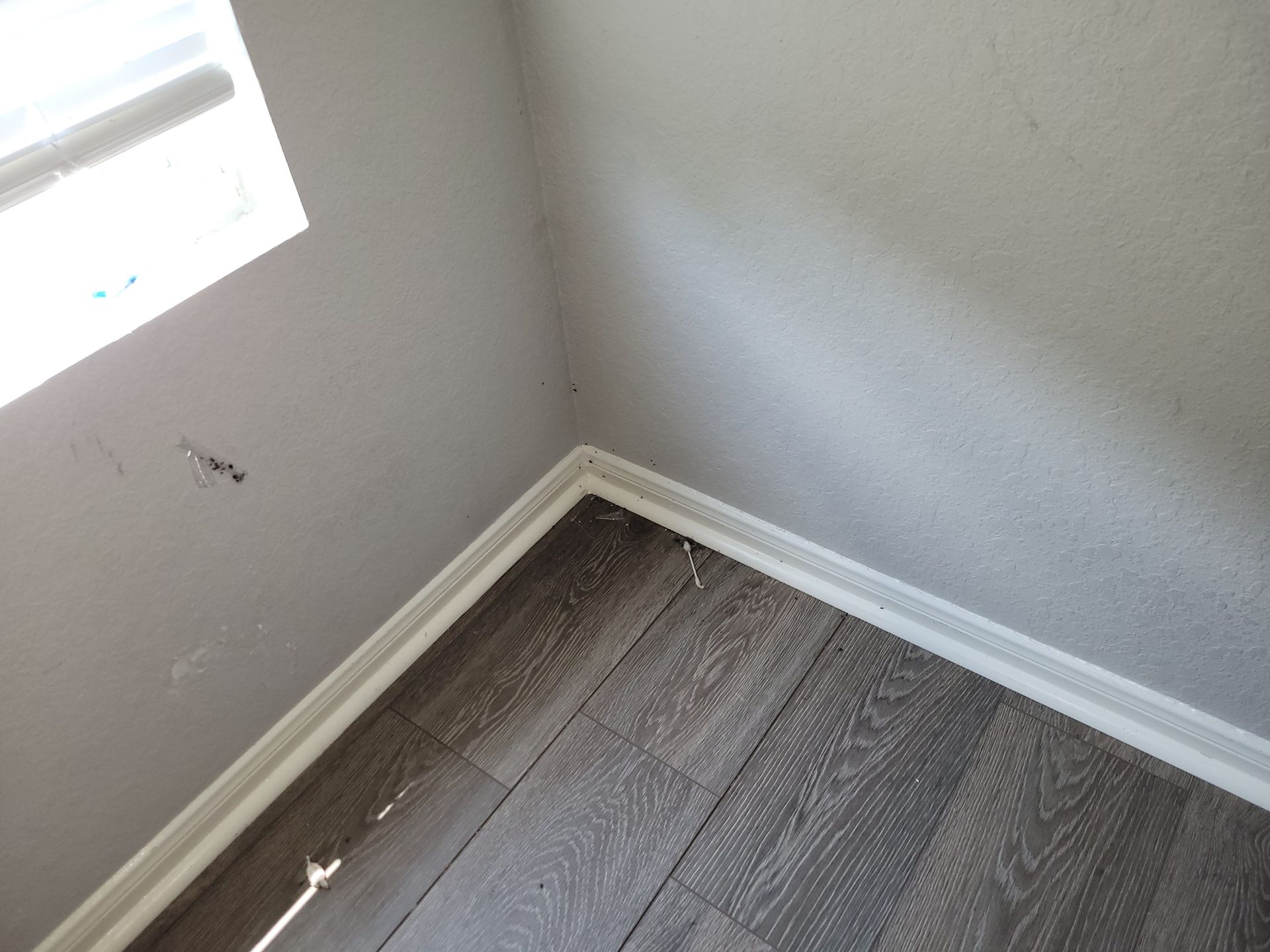 Corner of a room with wood-look flooring, white baseboards, and gray walls, with a window.