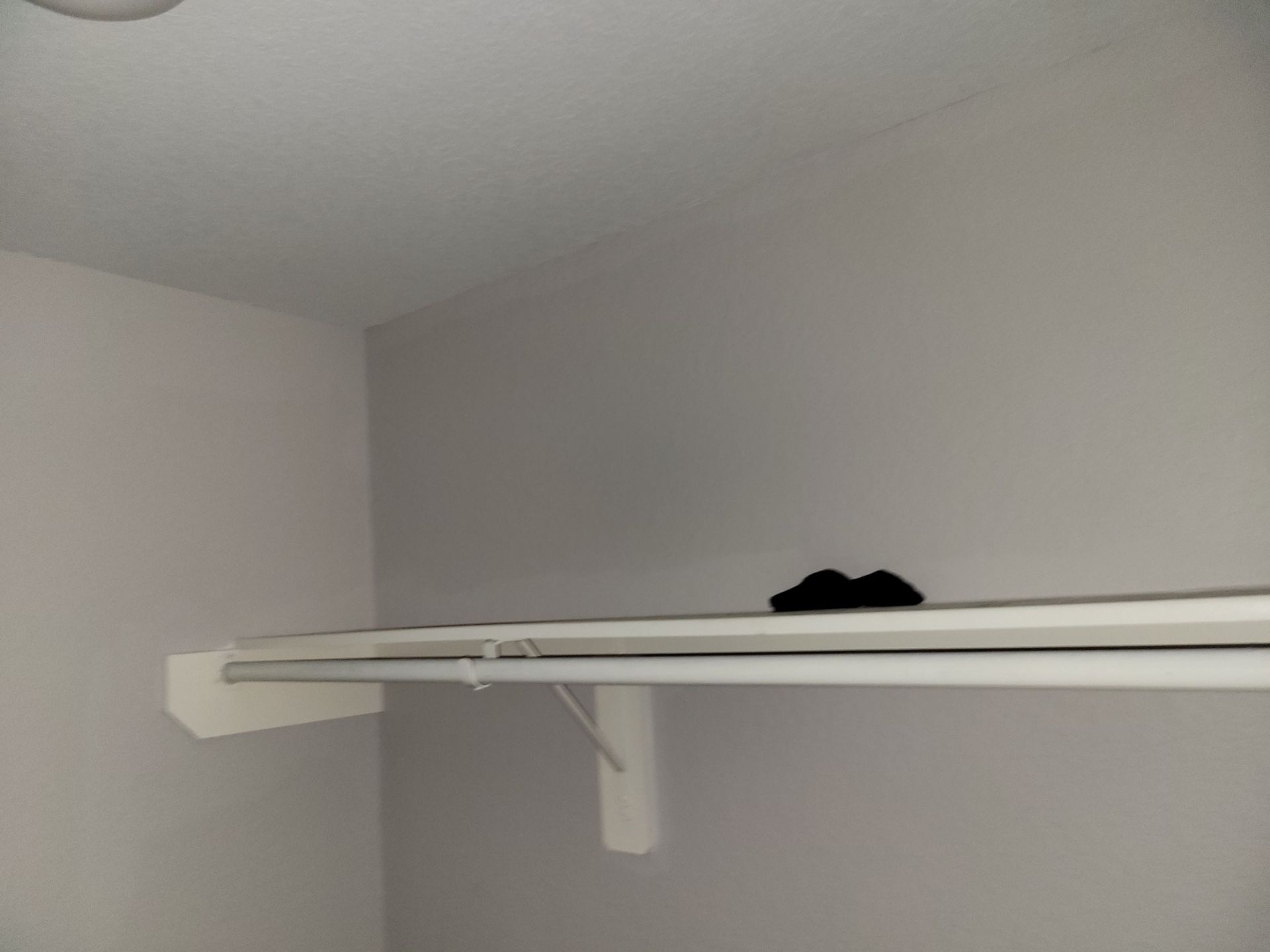 Empty closet with shelf, clothes rod, and white walls.
