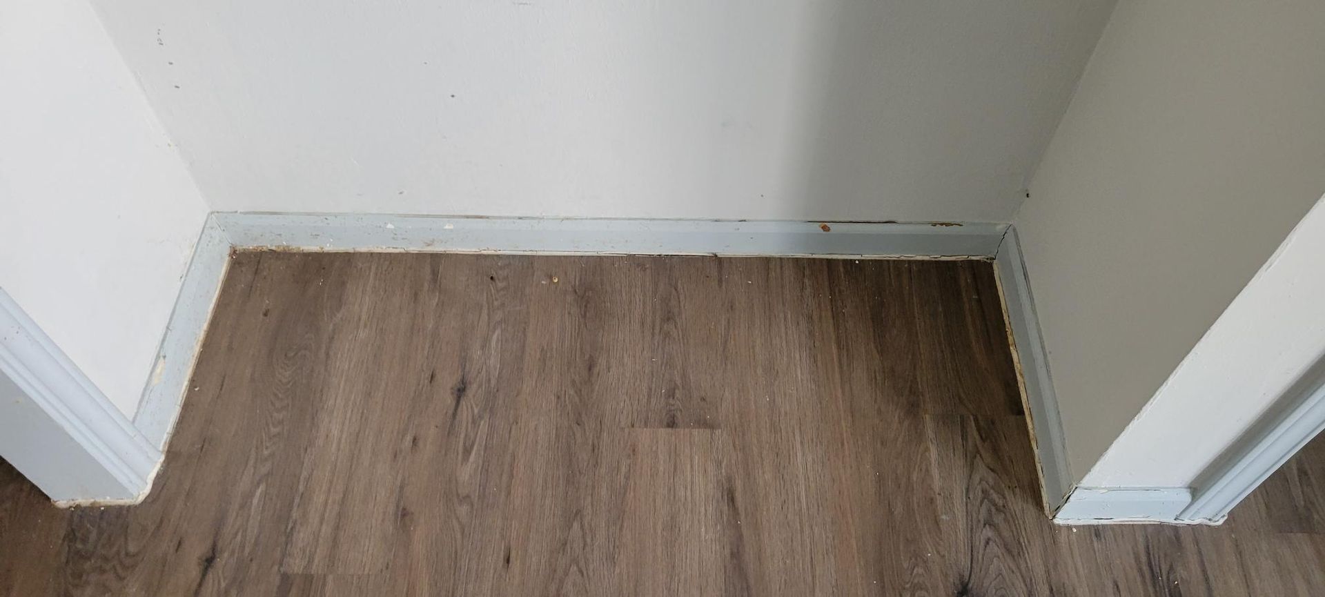 View of a corner of a room with white walls, brown wood-look floor, and white trim.