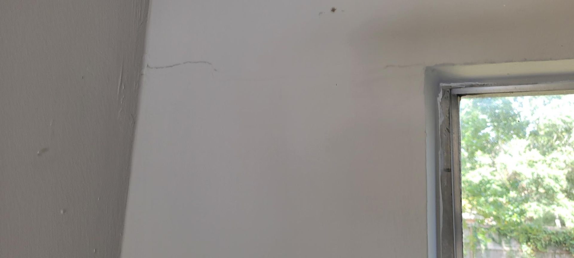 White wall with a crack near the window. Green foliage visible through the window.
