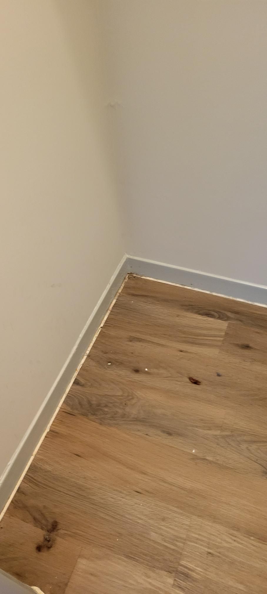 Corner of a room with wooden floor and white walls. Baseboard trim is visible.