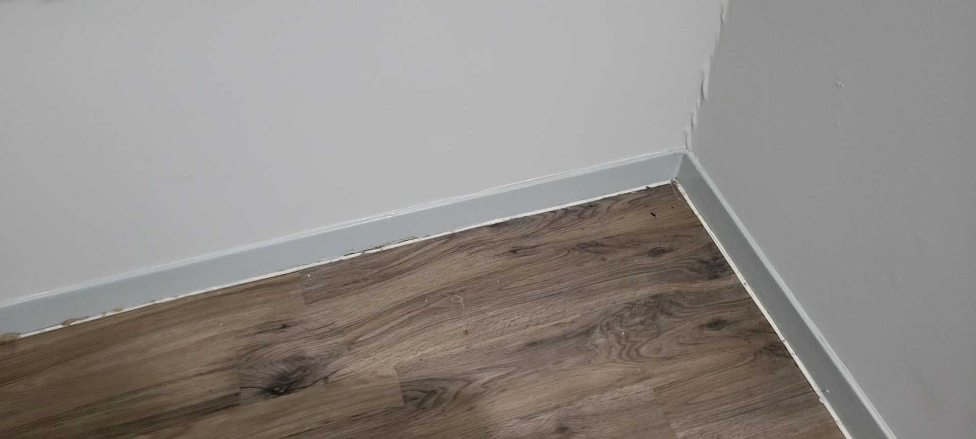 Corner of a room with white walls, baseboard, and wood-look flooring.