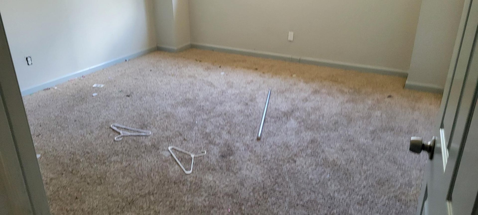 A room with beige carpet, a few hangers, and a door on the right side.