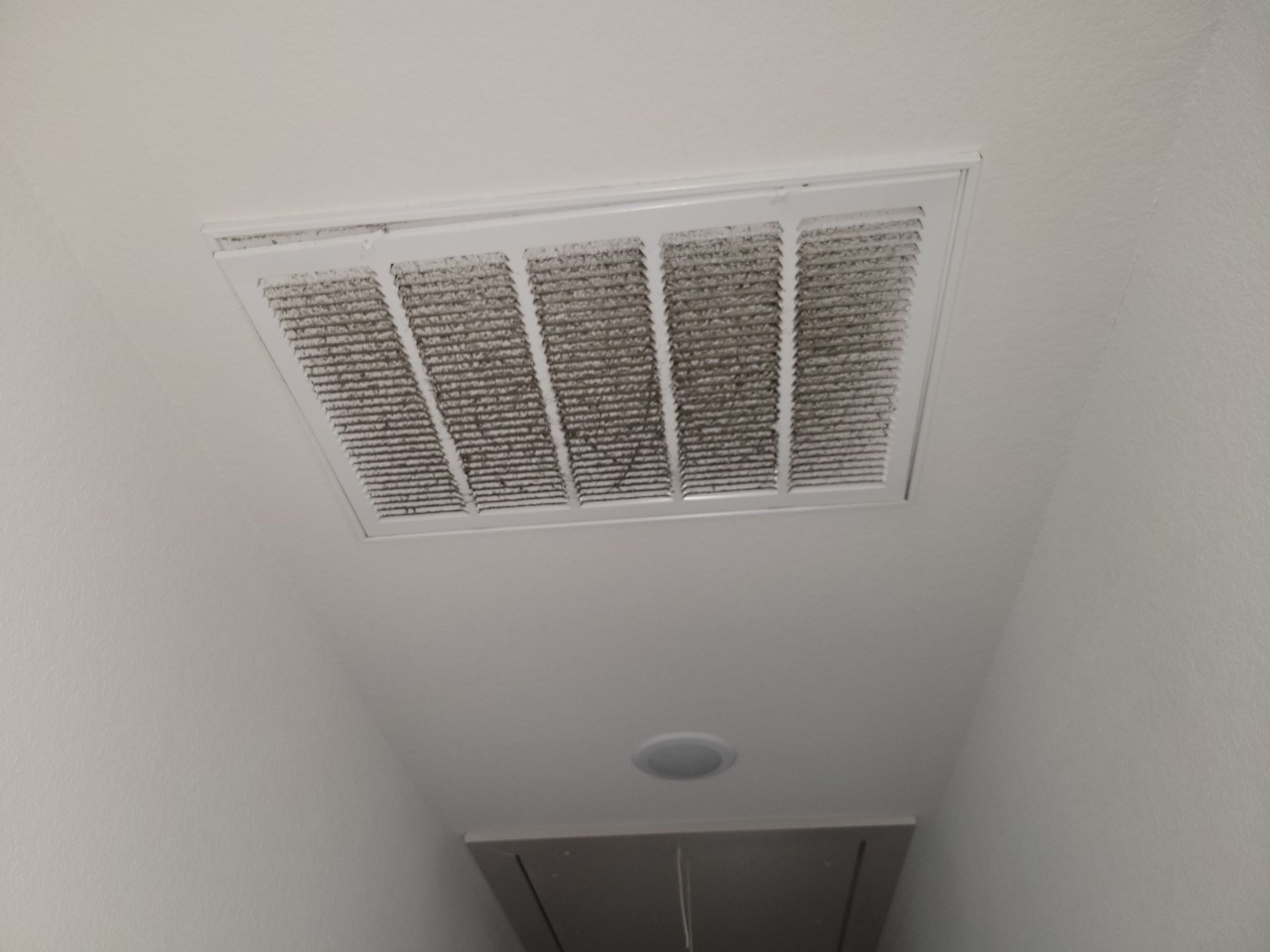 Dirty air vent in a white ceiling. Rectangular grid covered in dust and debris.