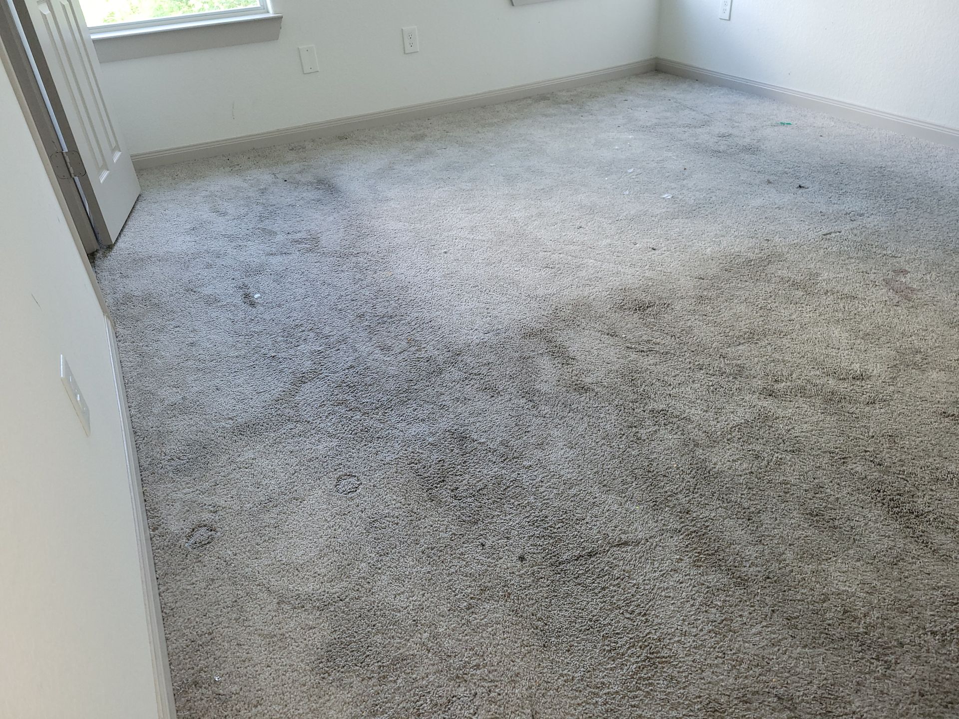 Gray carpeted room; stained areas are visible.