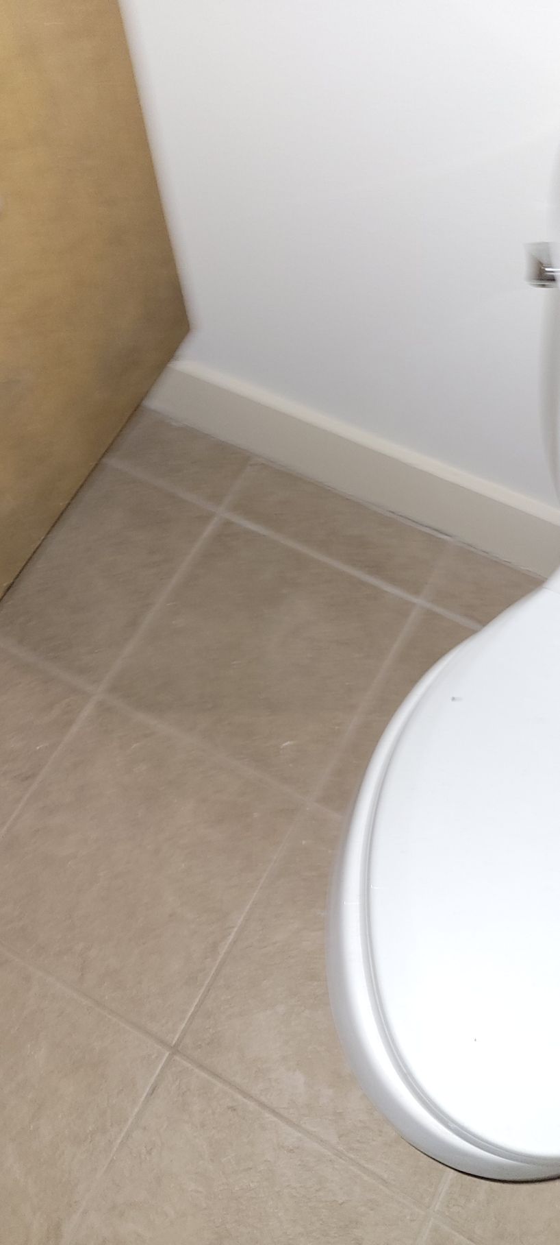 Toilet bowl in a bathroom with beige tiled floor and white wall.