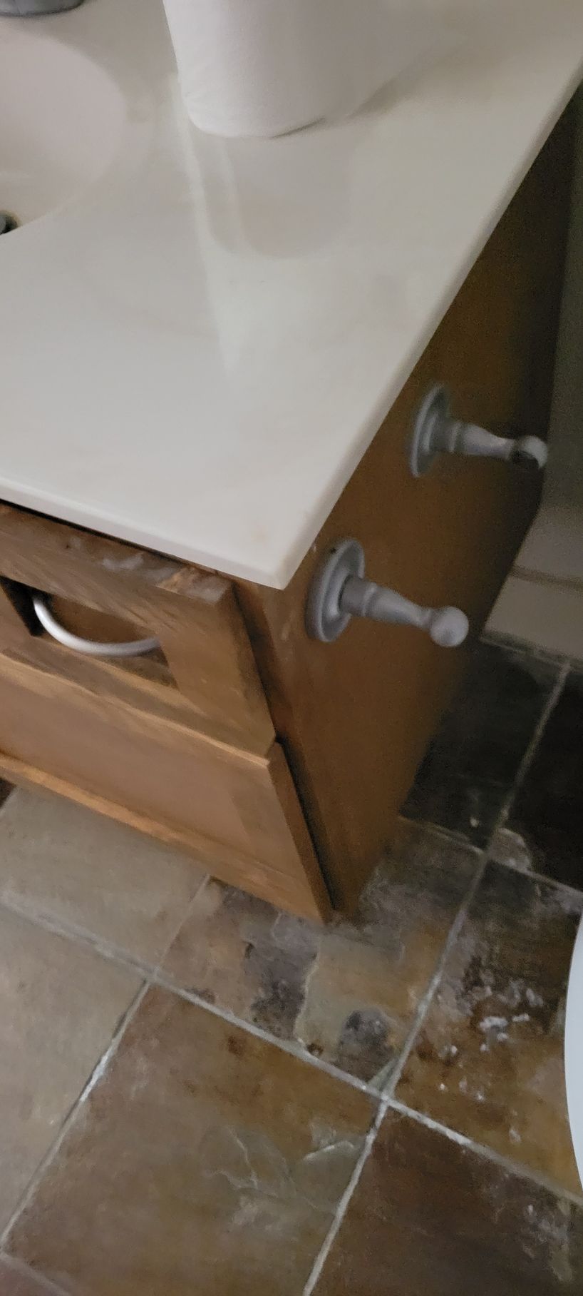 Wooden bathroom vanity with white countertop. Leaking water damage on floor.