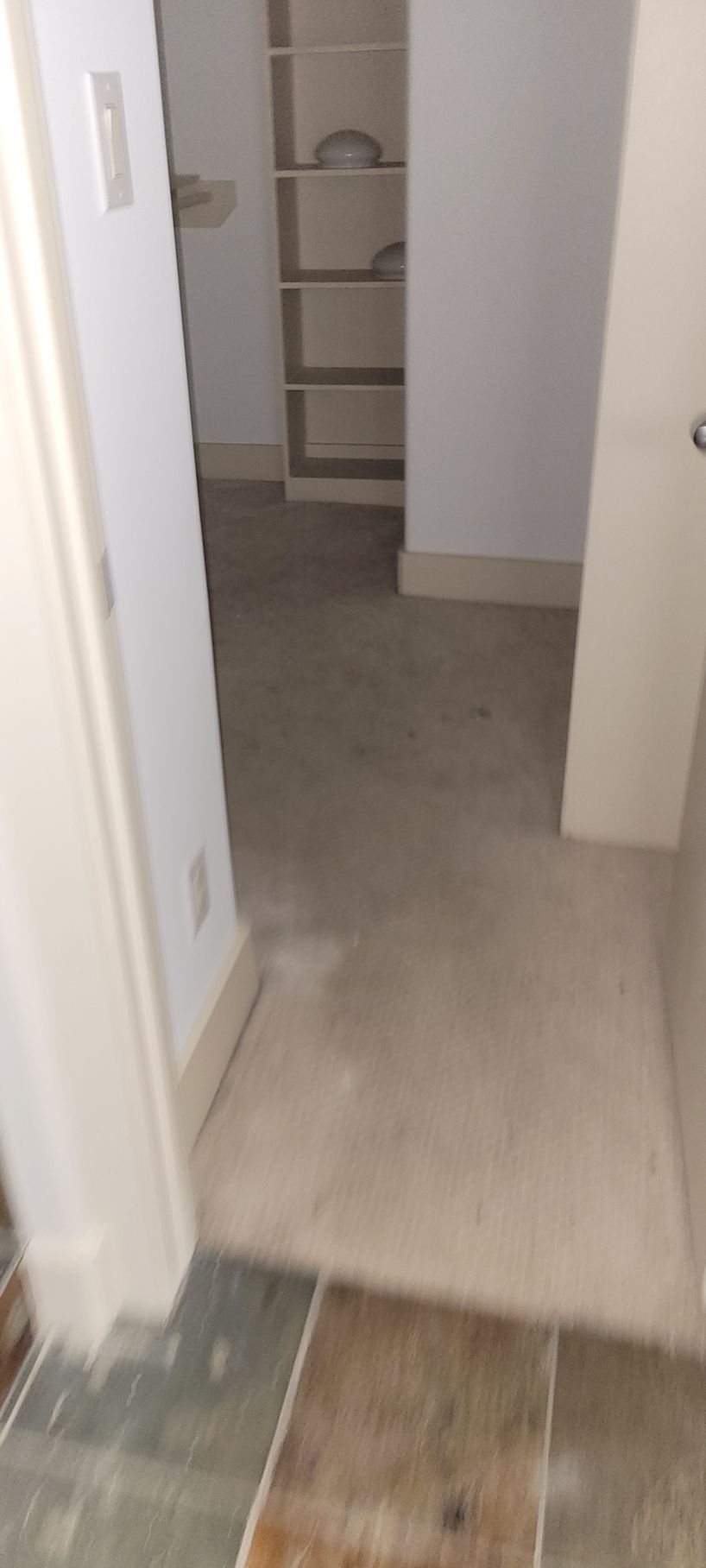 Hallway leading to an interior room with shelves. Beige walls and flooring. Slate tile entry.