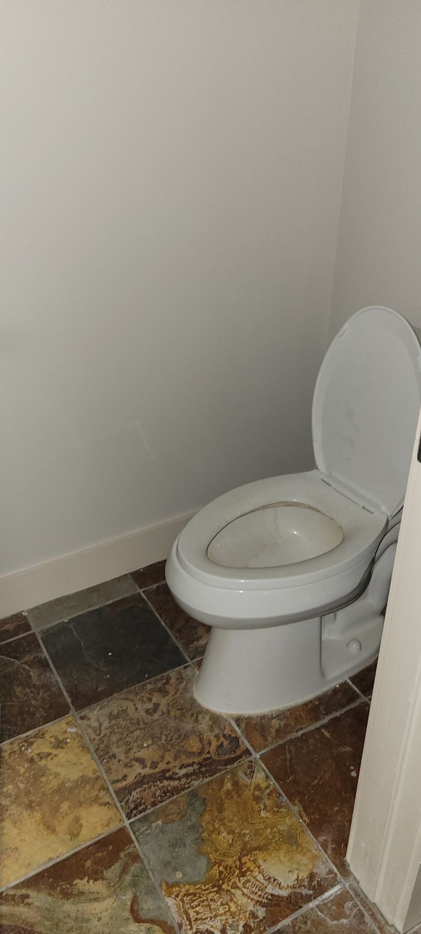 A white toilet with an open lid sits on a tiled floor in a bathroom.