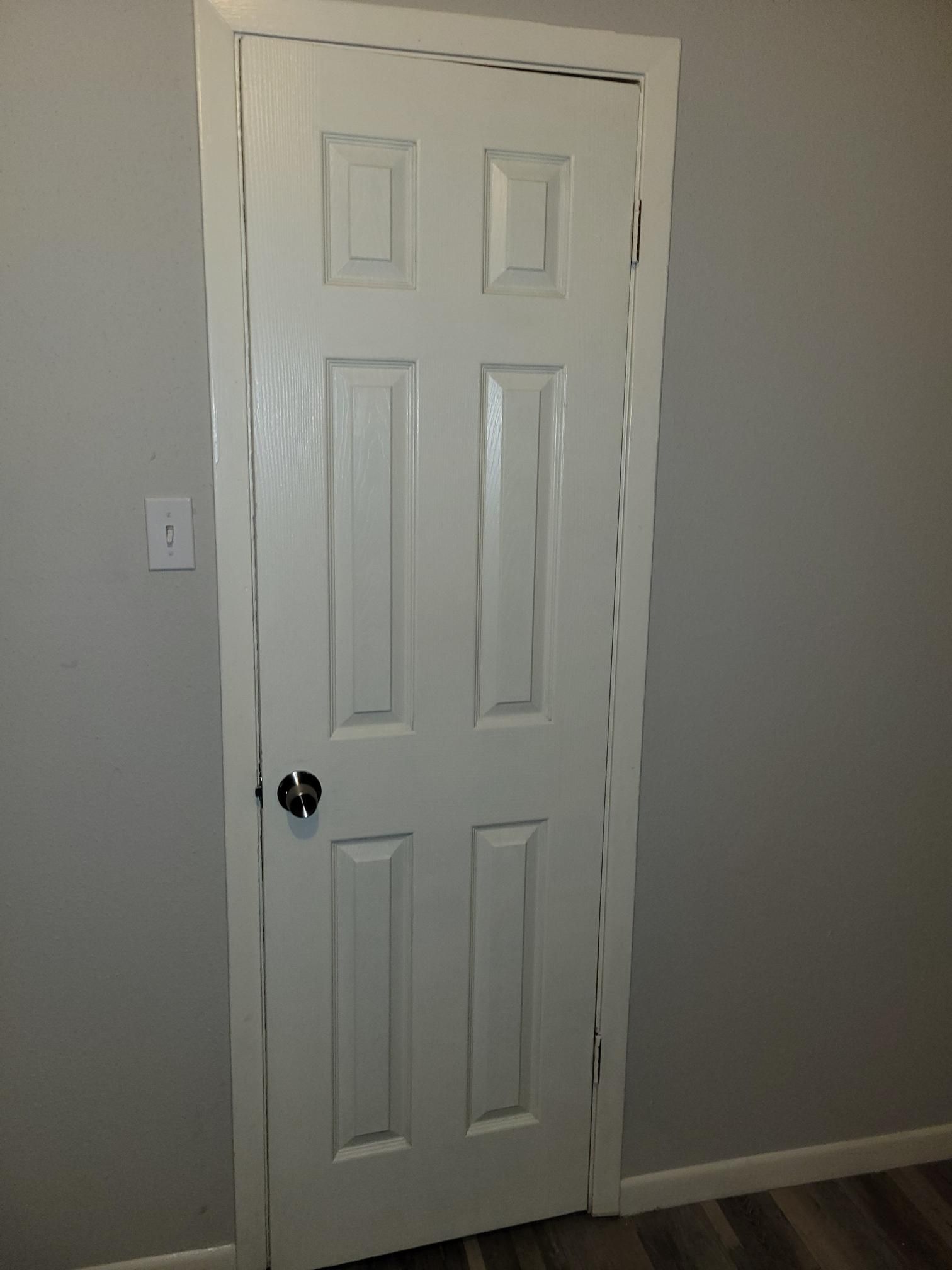White six-panel door in a gray-walled room with a light switch and black doorknob.