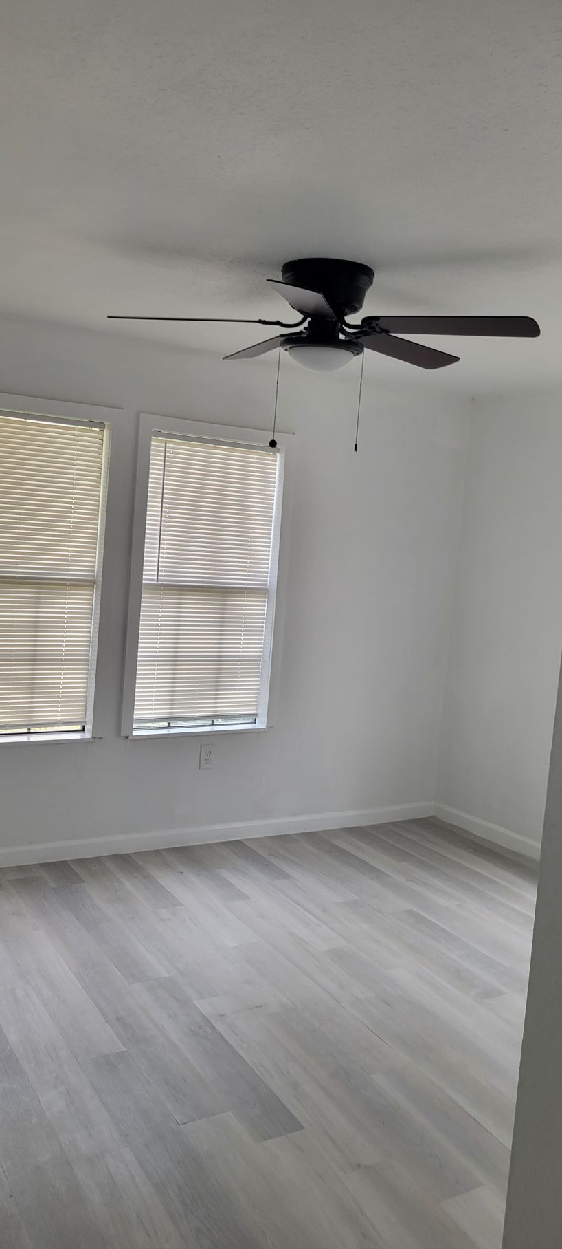 Empty room with a ceiling fan, two windows with blinds, and light gray wooden floors.