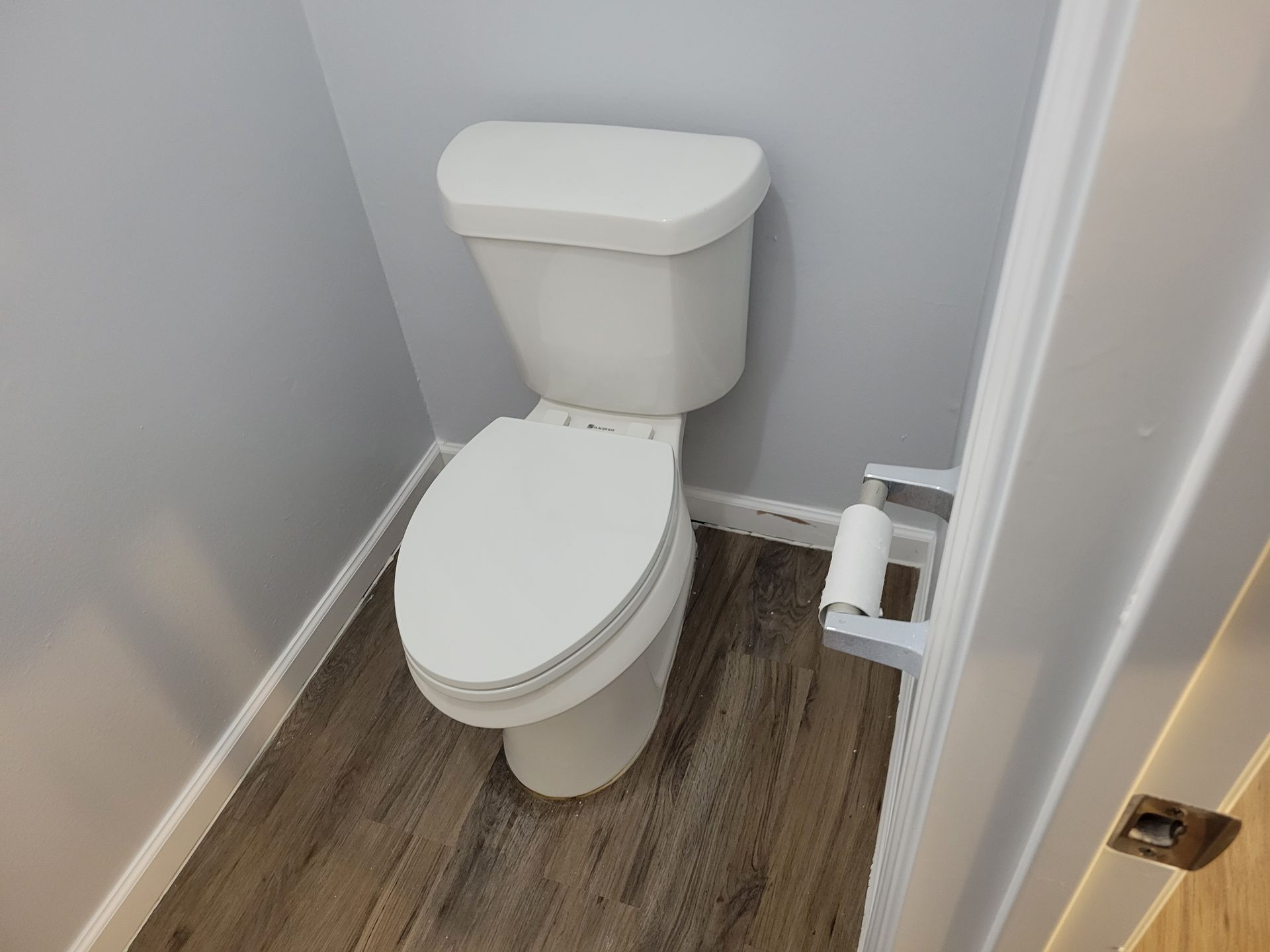 Toilet in a small bathroom with gray walls and wood-look flooring. A toilet paper holder is on the right.