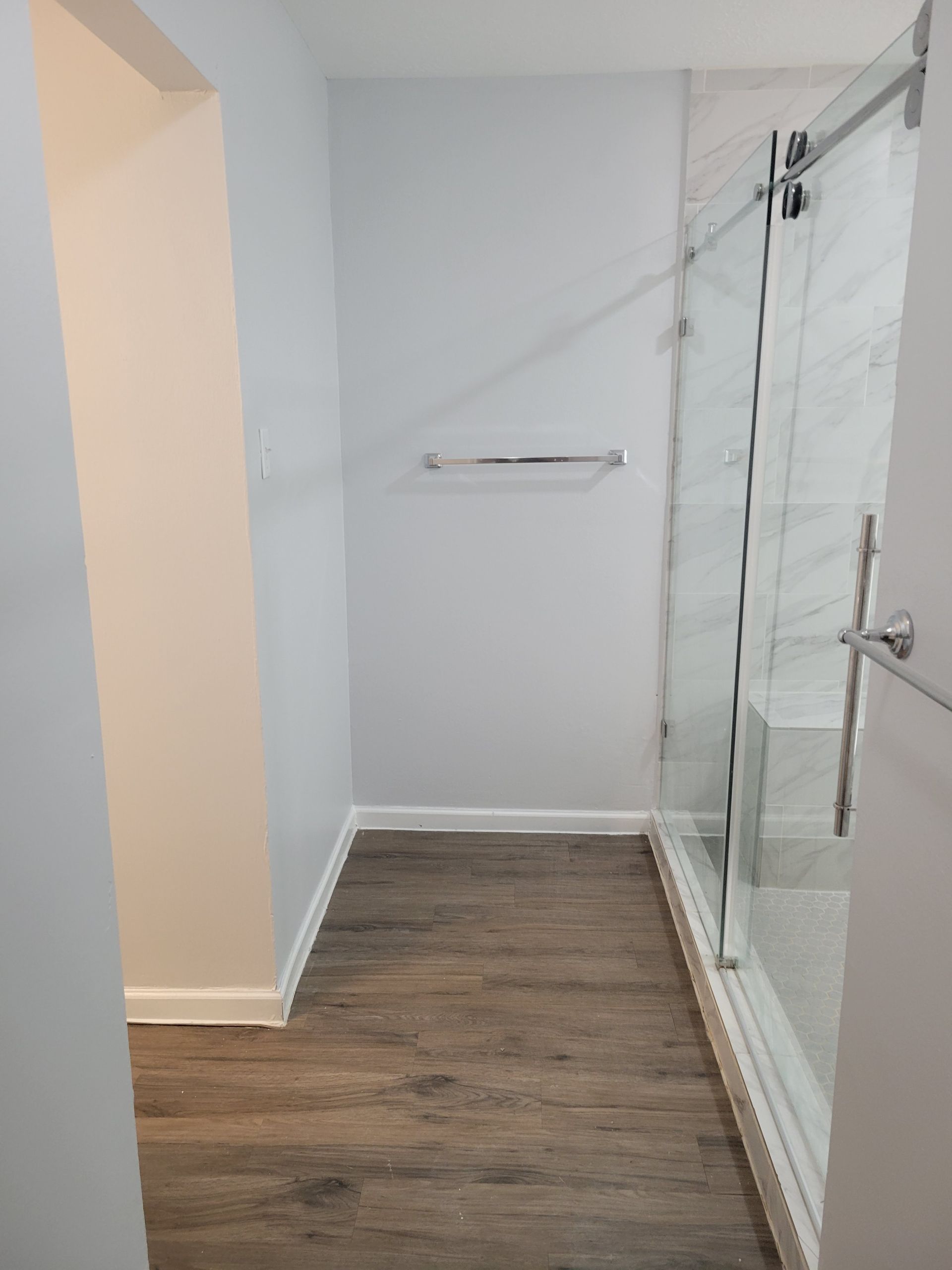 Bathroom with wood-look floor, glass shower, light gray walls, and chrome towel bar.