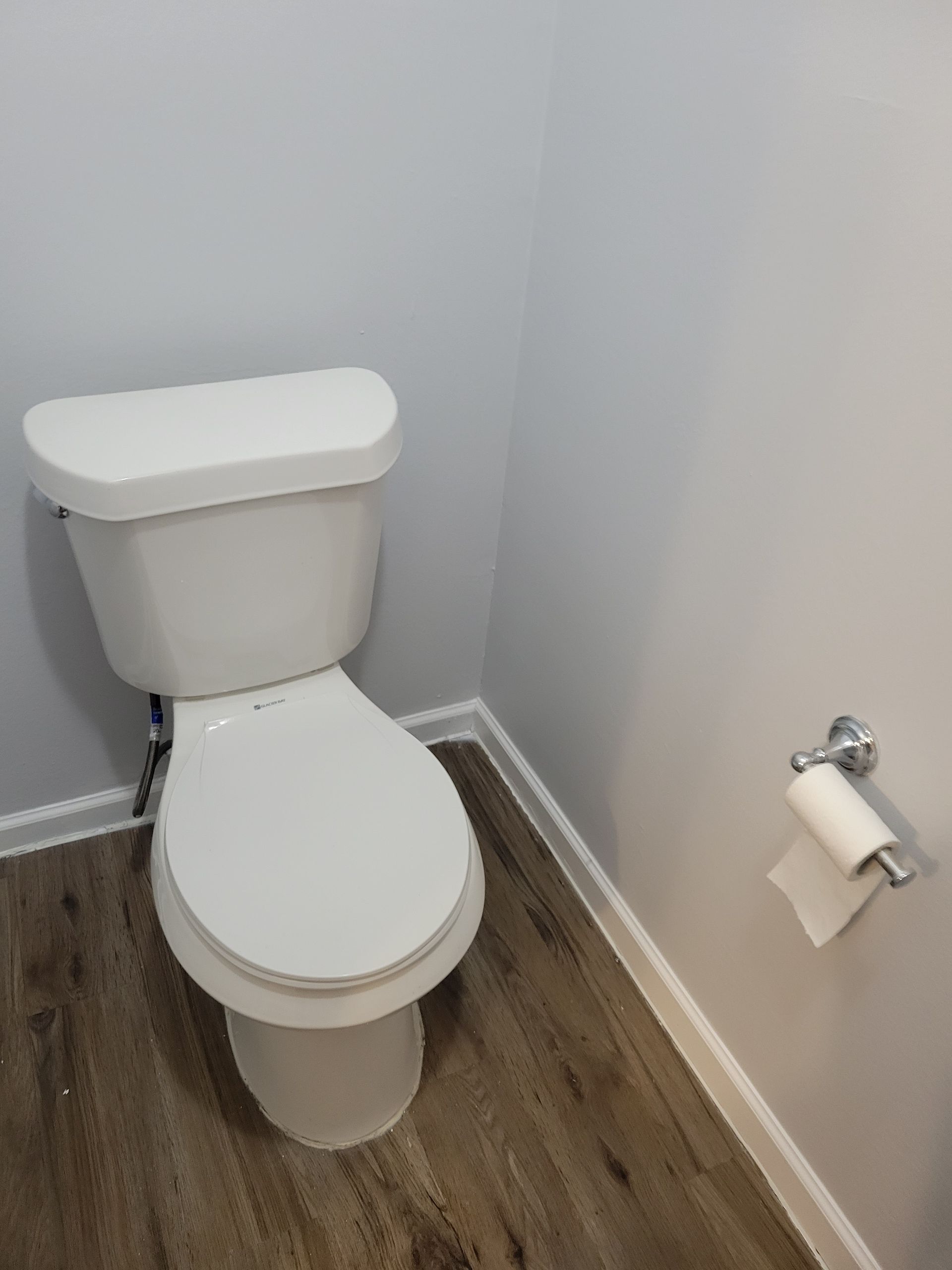 White toilet in a corner of a bathroom with gray walls and wood-look flooring; a roll of toilet paper hangs on the wall.