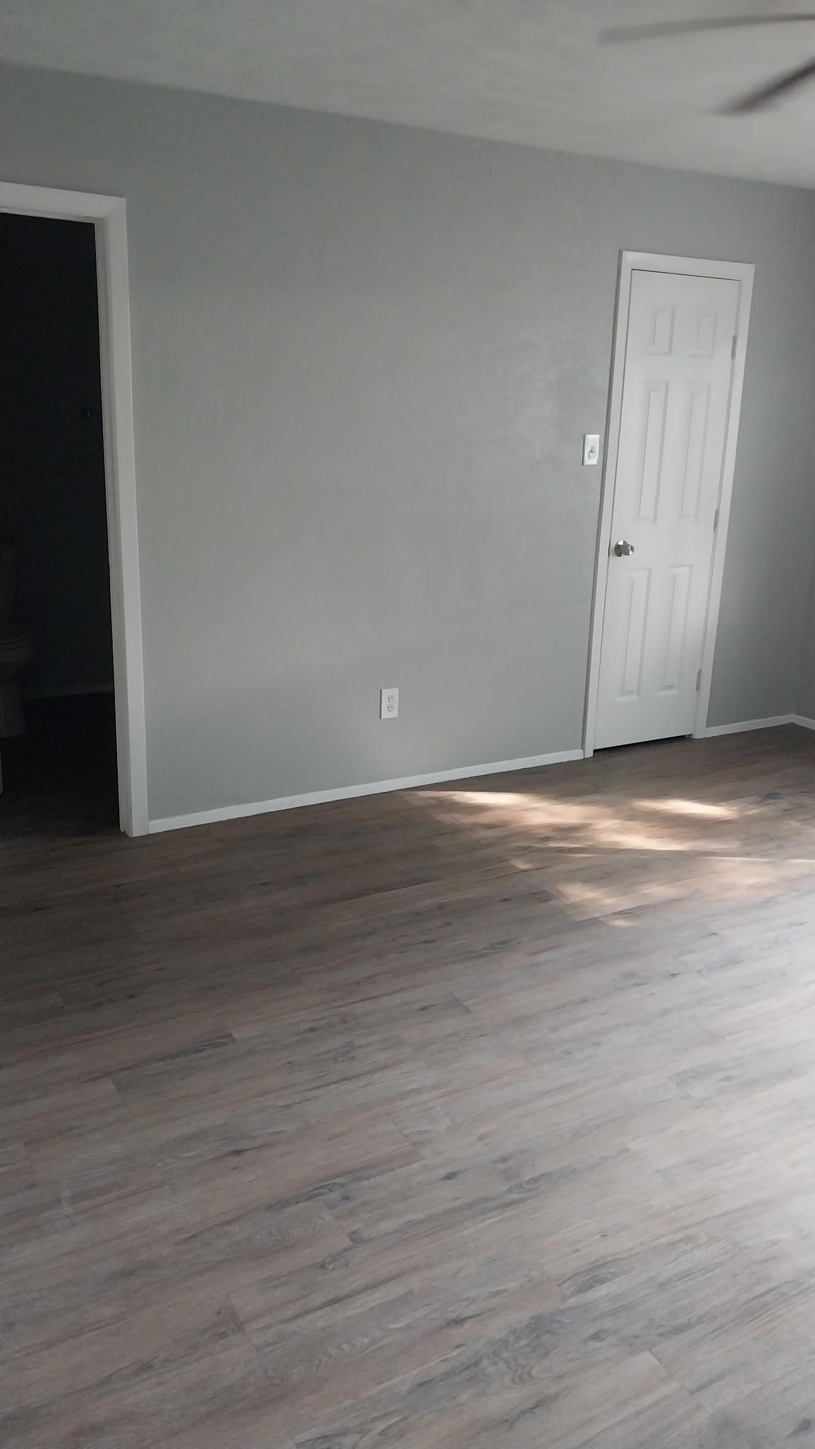 Gray-painted room with a white door and wood-look flooring. An open doorway leads to a dark room.