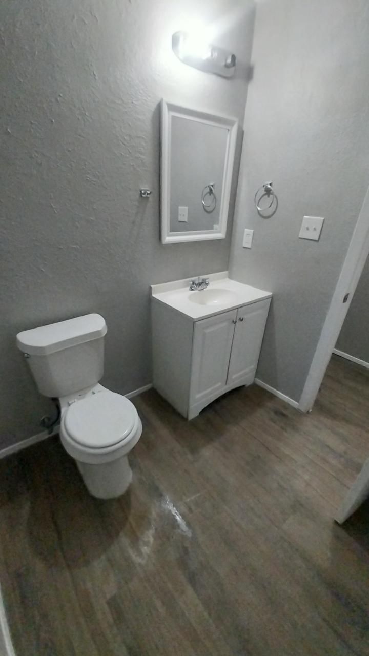 Bathroom with white toilet, vanity, mirror, and towel rings. Gray walls and wood-look flooring.