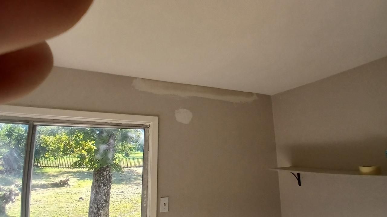 Beige interior wall with ceiling. A window with trees outside. Patchy paint spots.