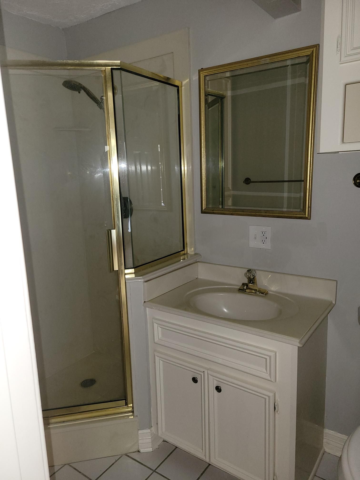 Bathroom with shower, vanity, and mirror; gray walls, white cabinets, and gold trim.