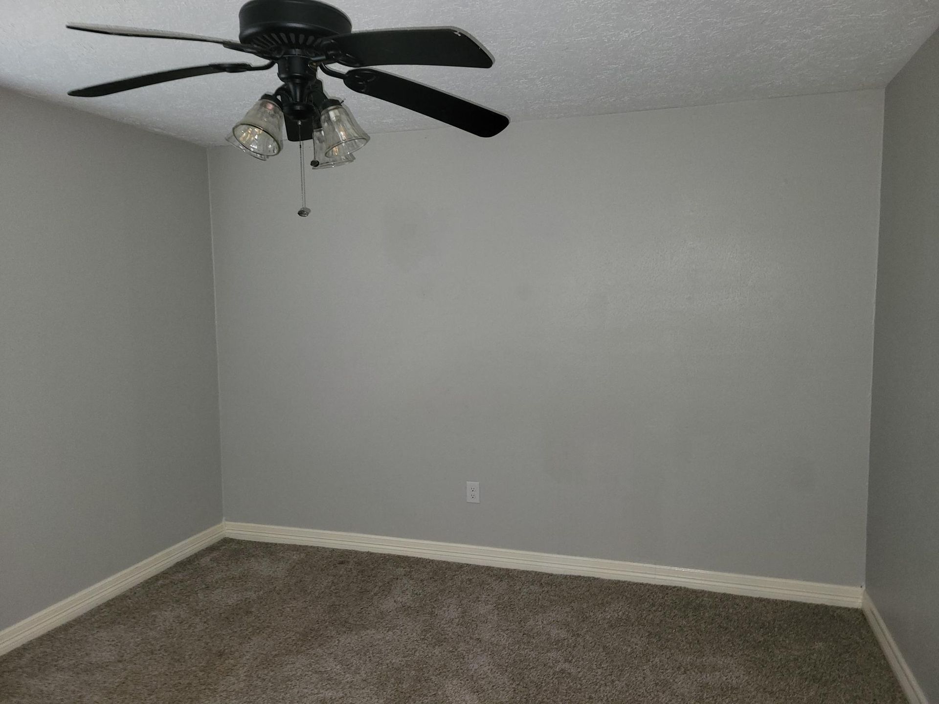 Empty room with gray walls, brown carpet, ceiling fan.