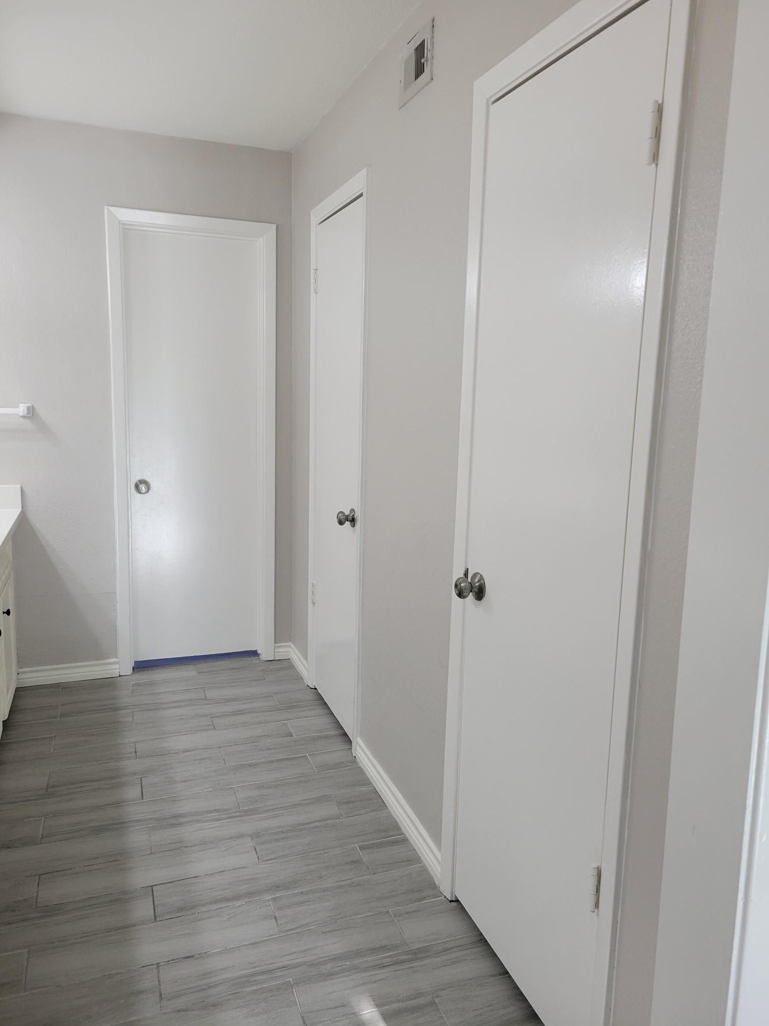 Hallway with gray wood-look floor, light gray walls, and three white doors.