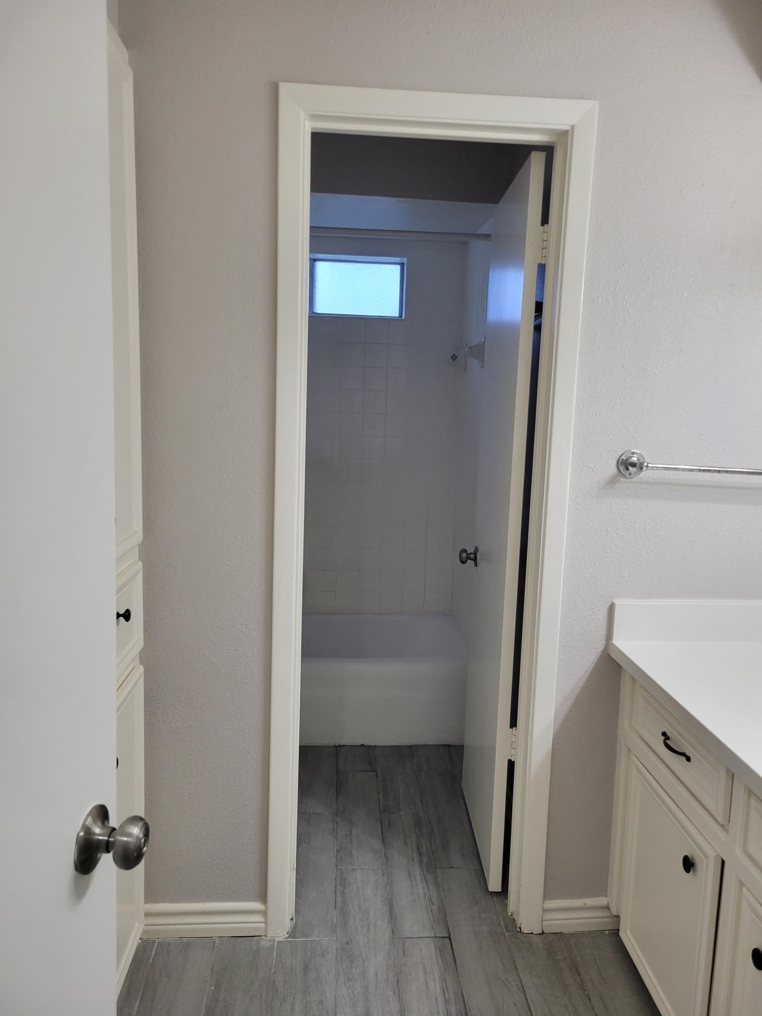 Bathroom doorway leading to a tub and shower. White door trim, gray walls, and wood-look flooring.